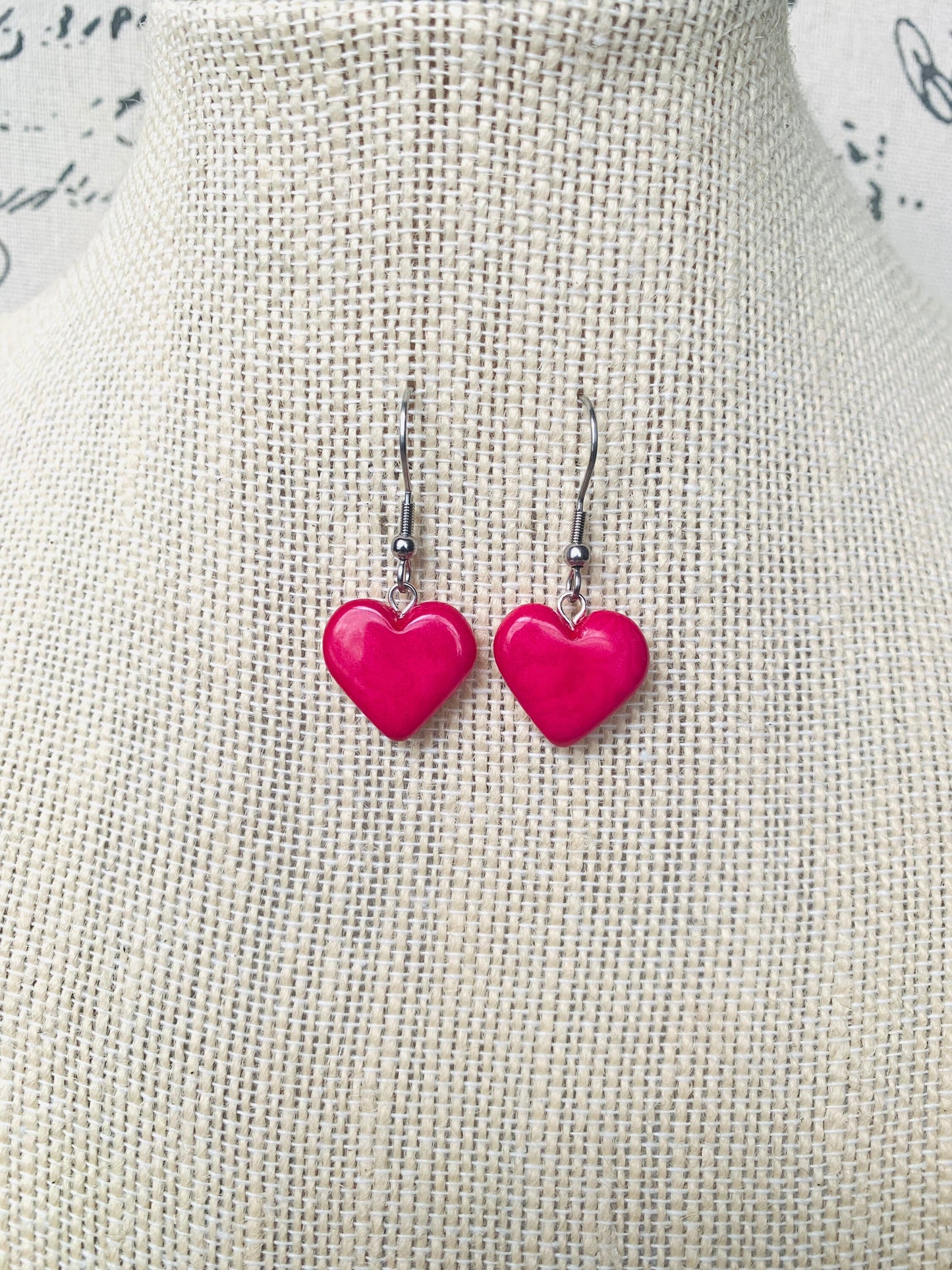 Hot pink heart earrings Mothers day gifts Love earrings Handmade heart shaped earrings Wearable art Dangle and drop earrings Artsy gifts