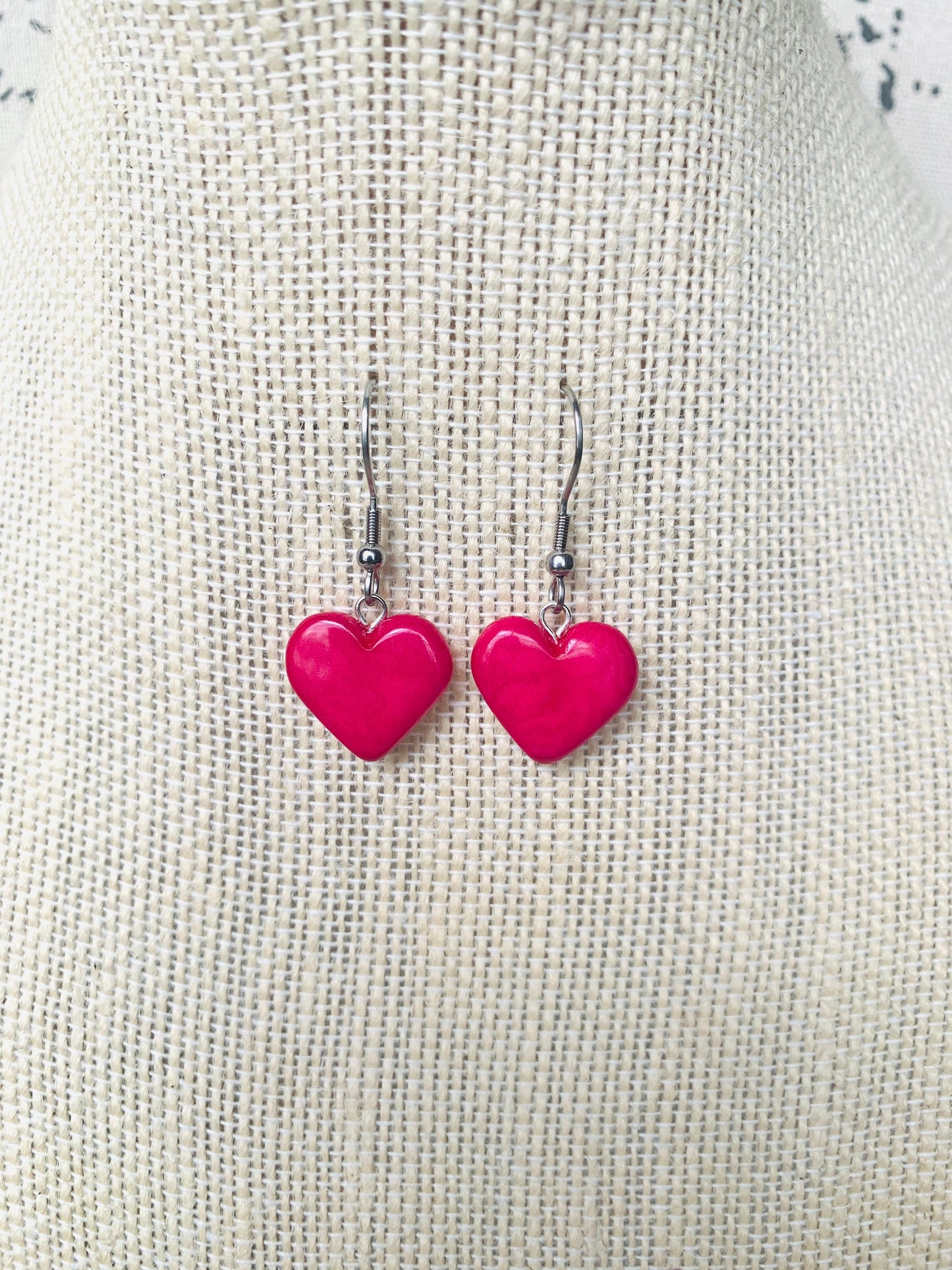 Hot pink heart earrings Mothers day gifts Love earrings Handmade heart shaped earrings Wearable art Dangle and drop earrings Artsy gifts