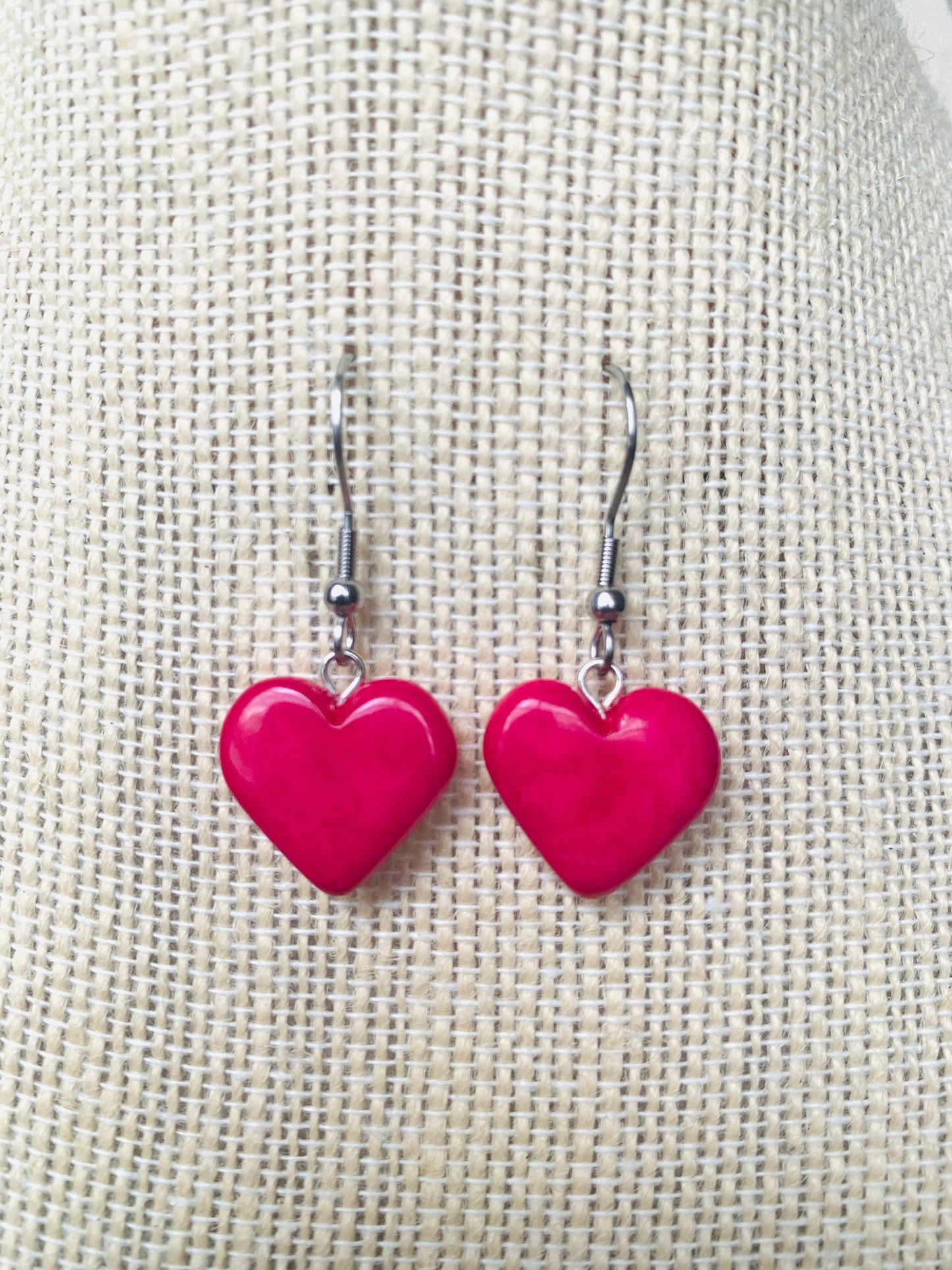Hot pink heart earrings Fall fashion 2025s Love earrings Handmade heart shaped earrings Wearable art Dangle and drop earrings Artsy gifts