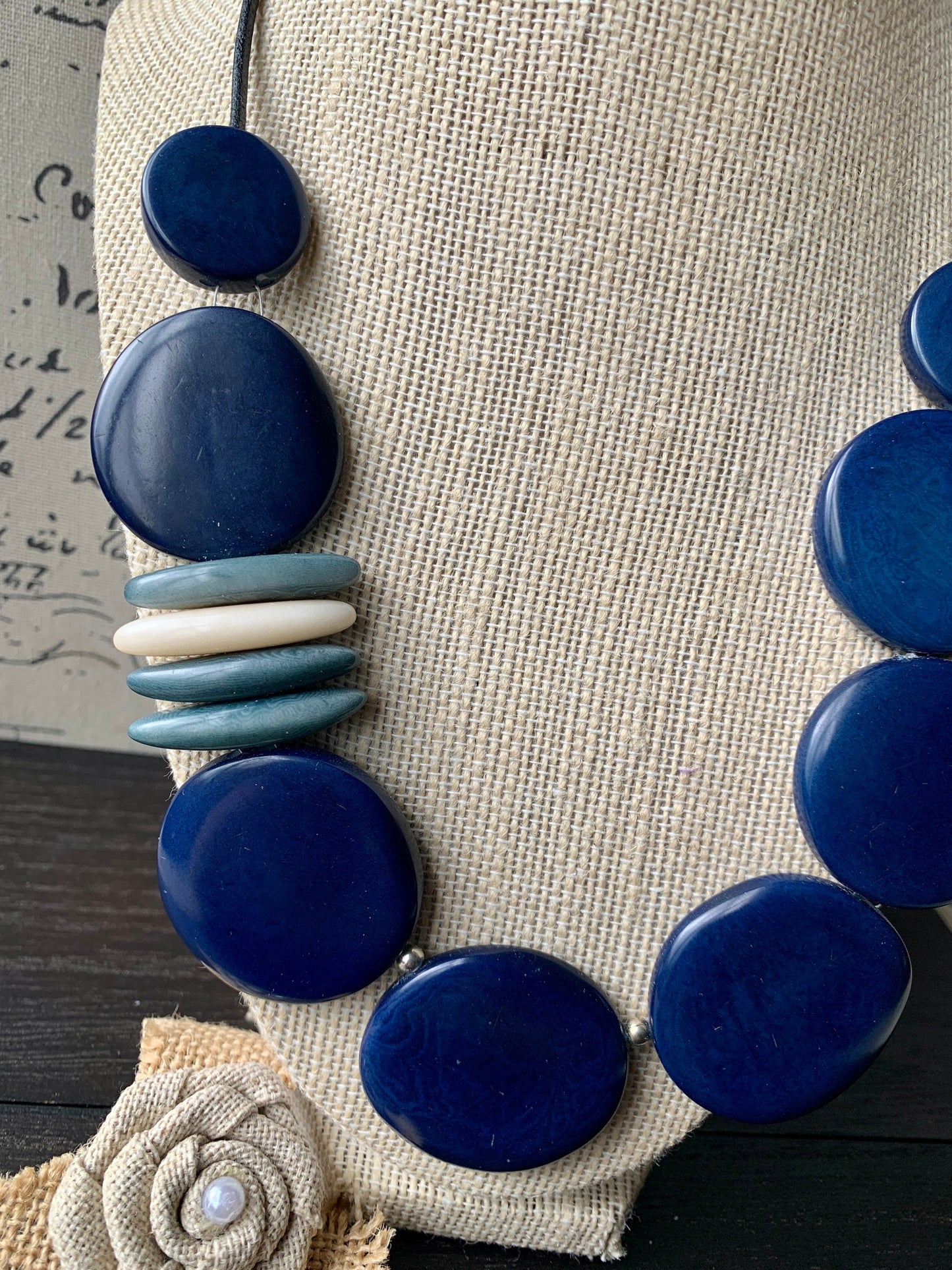 Blue Tagua Statement Necklace, Handmade Geometric Jewelry, Round Beads