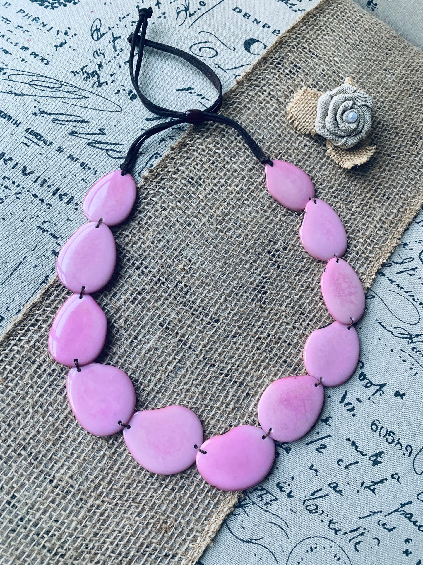 Pink handmade necklace Tagua jewelry Statement beaded necklace Adjustable cord Fall fashion Wearable art Simple necklace Cruise wear