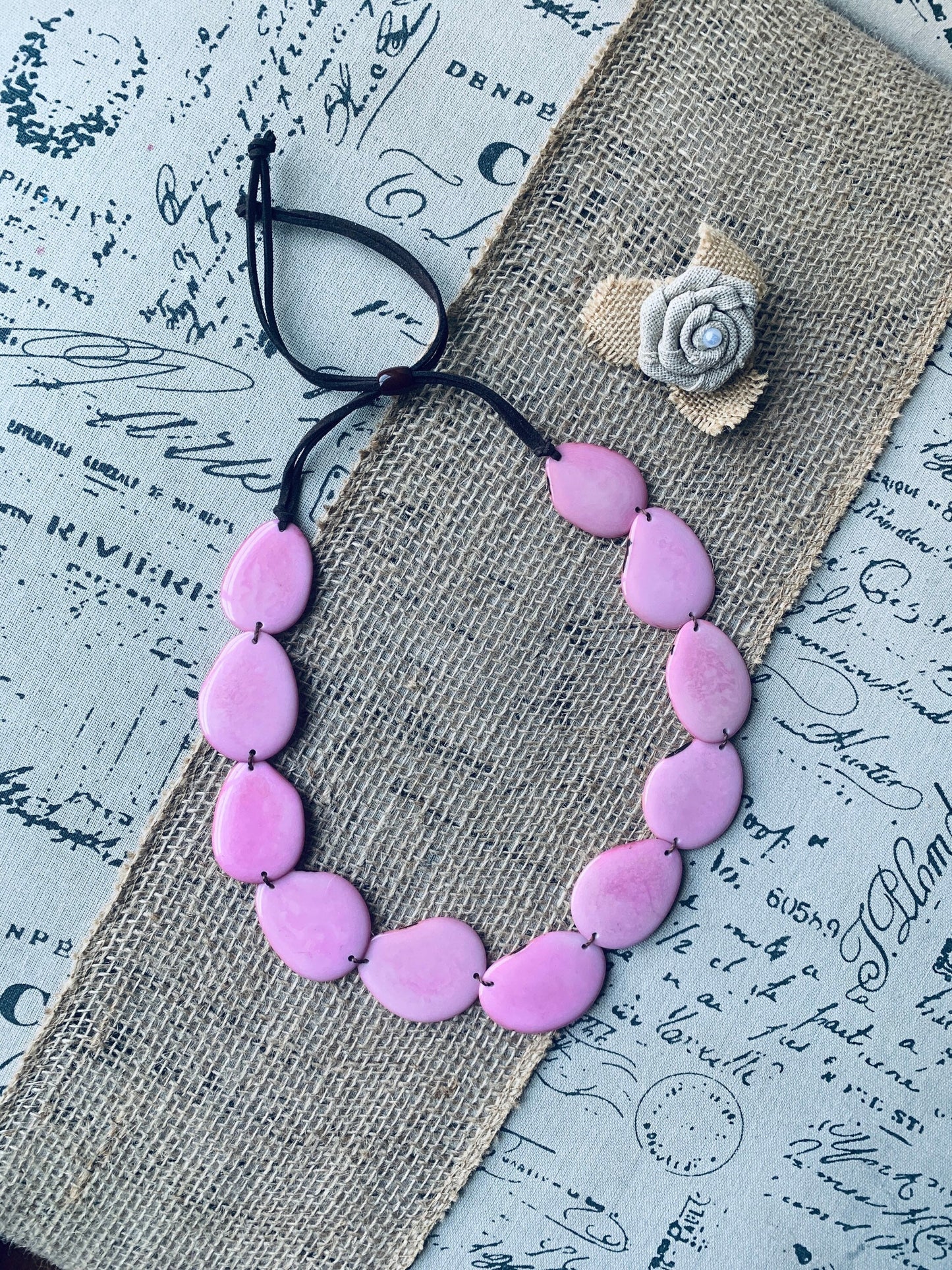 Pink handmade necklace Tagua jewelry Statement beaded necklace Adjustable cord Spring fashion Wearable art Mothers day gifts Simple necklace