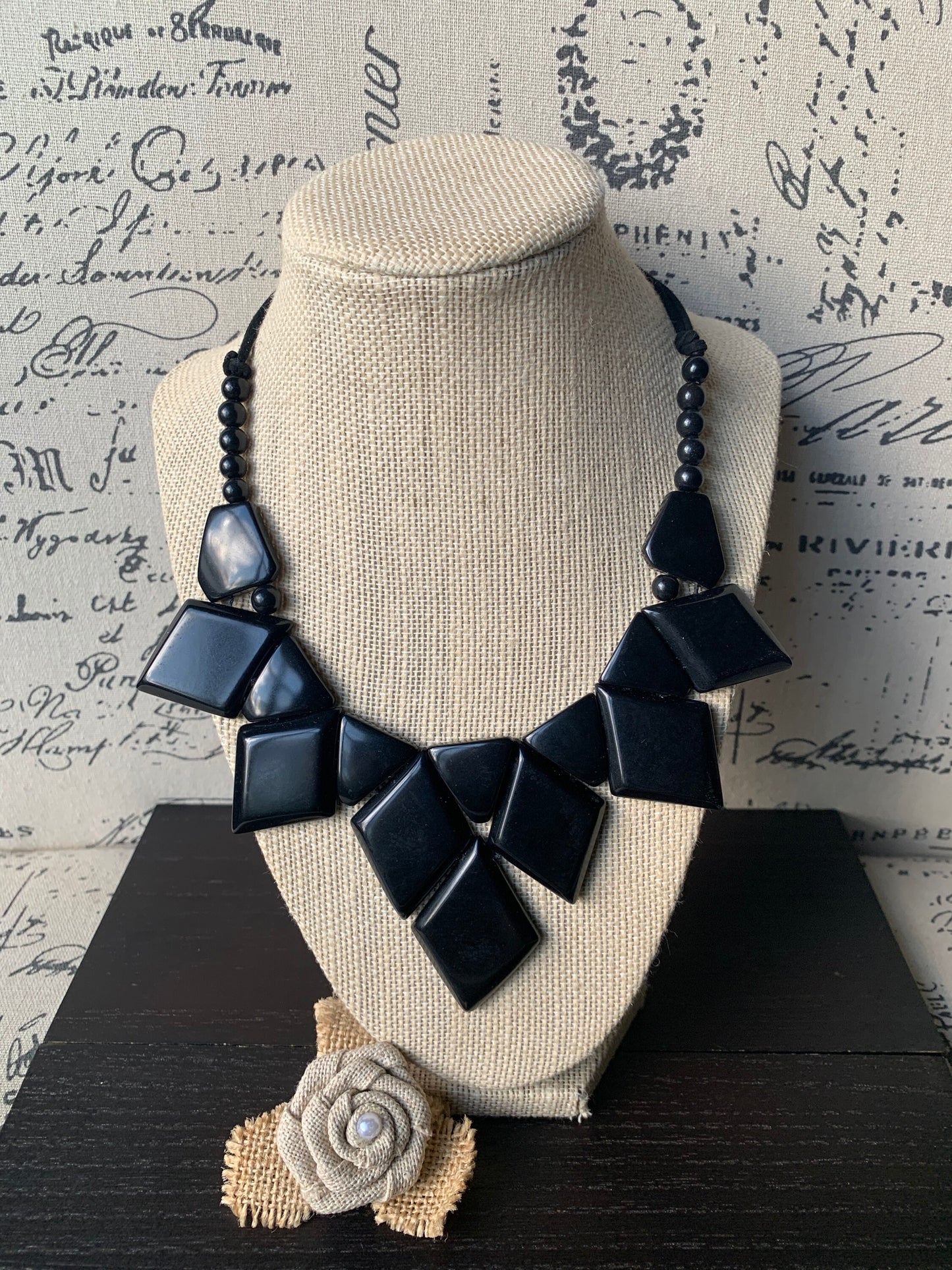 Black statement necklace Tagua jewelry Geometric necklace chunky Lightweight necklace Adjustable cord Beaded necklaces Wearable art