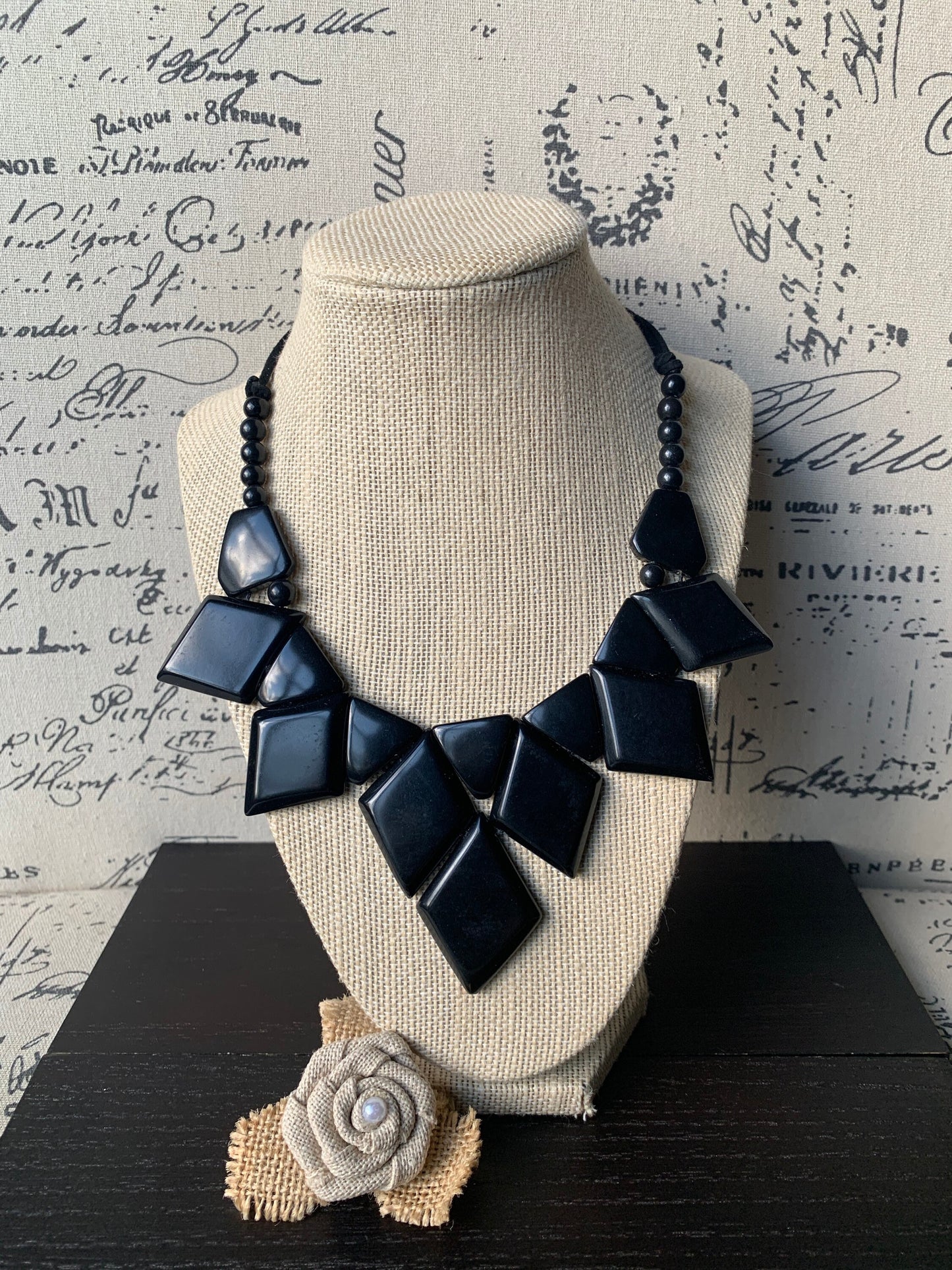 Black statement necklace Tagua jewelry Geometric necklace chunky Lightweight necklace Adjustable cord Beaded necklaces Wearable art