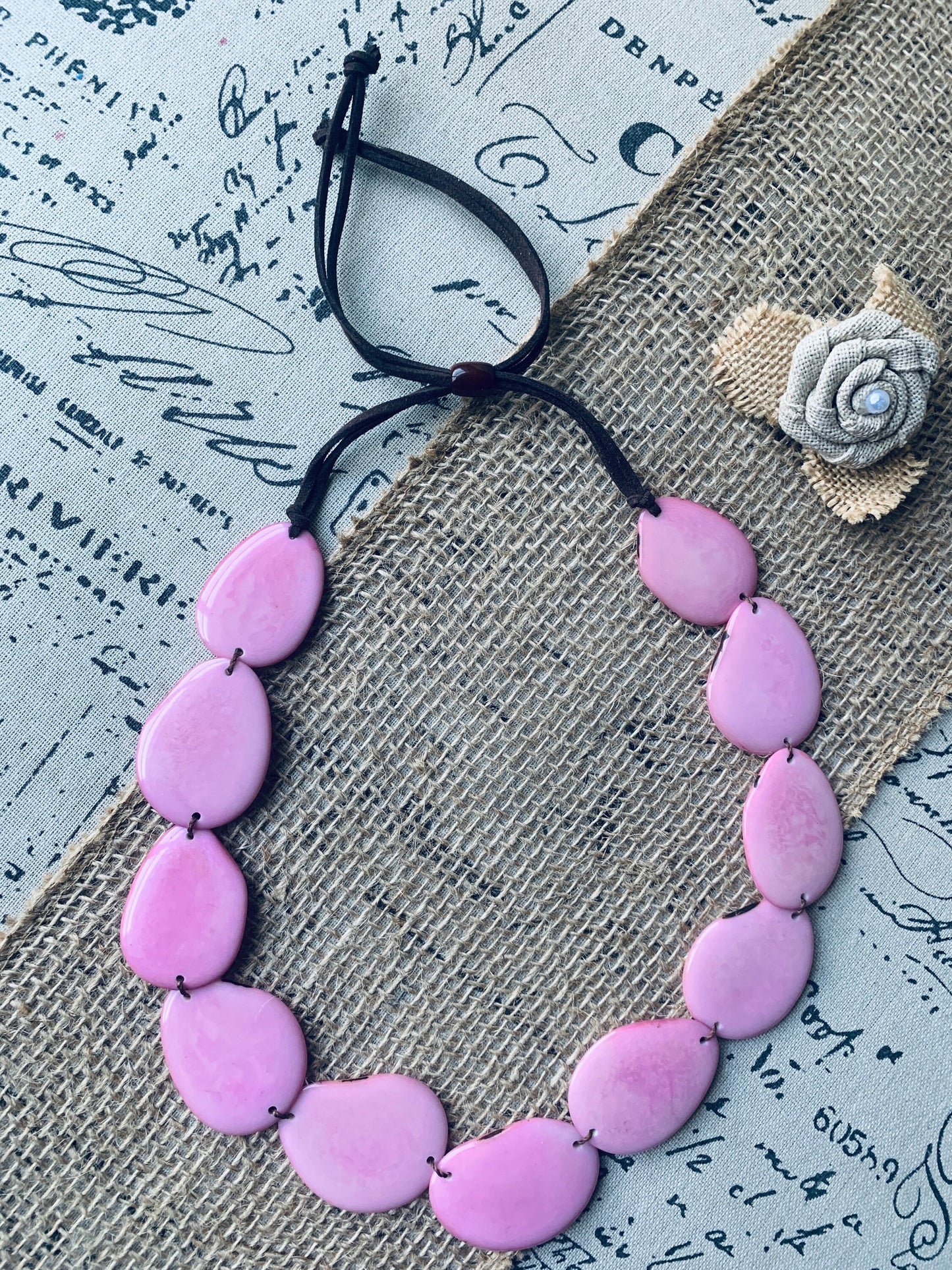 Pink handmade necklace Tagua jewelry Statement beaded necklace Adjustable cord Spring fashion Wearable art Mothers day gifts Simple necklace