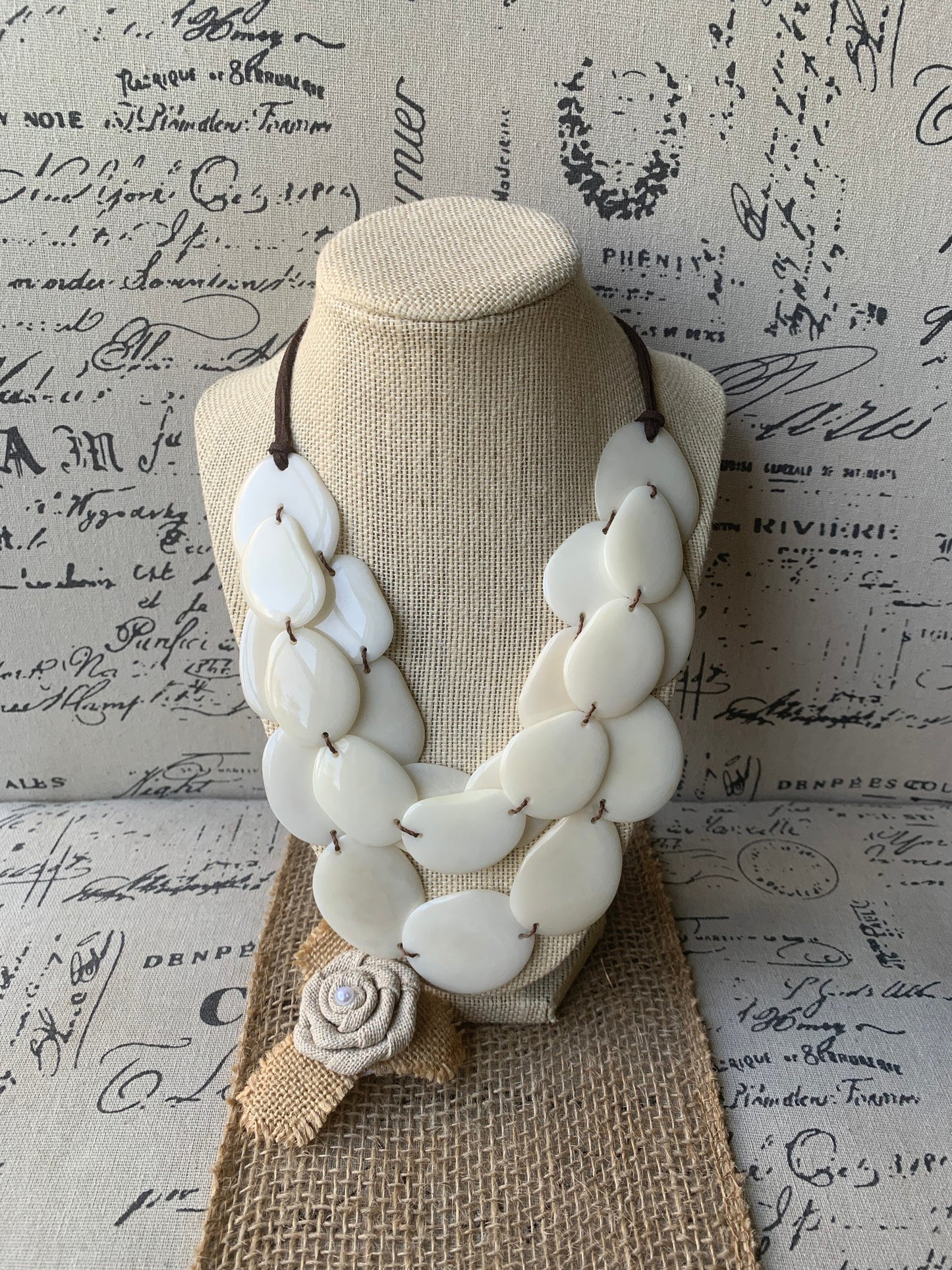 Ivory white Tagua Necklace: Triple Layered Bib Necklace with Adjustable Leather Strap, 14 year Wedding anniversary gift