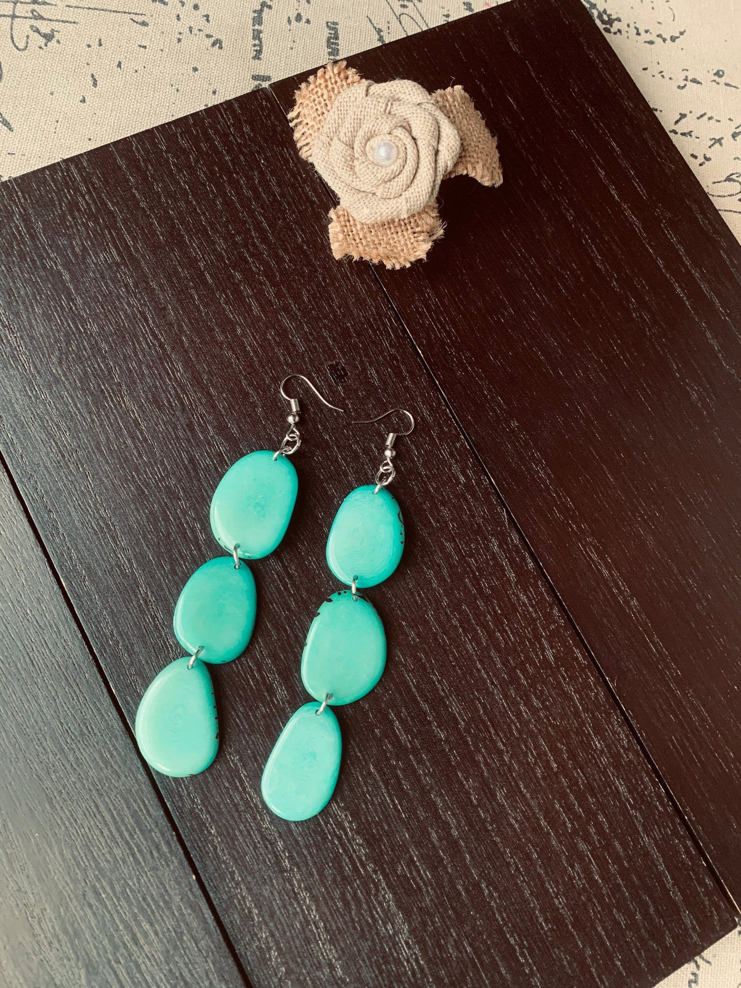 Turquoise green extra long statement earrings Tagua earrings Handmade beaded Mothers day gifts Spring fashion 2025 Waterfall earrings