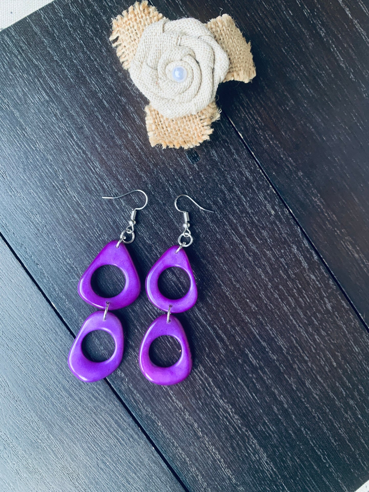 Purple dangle earrings Tagua jewelry Statement drops Boho mod hoops Wearable art Handmade beaded earrings Cute earrings Mothers day gift