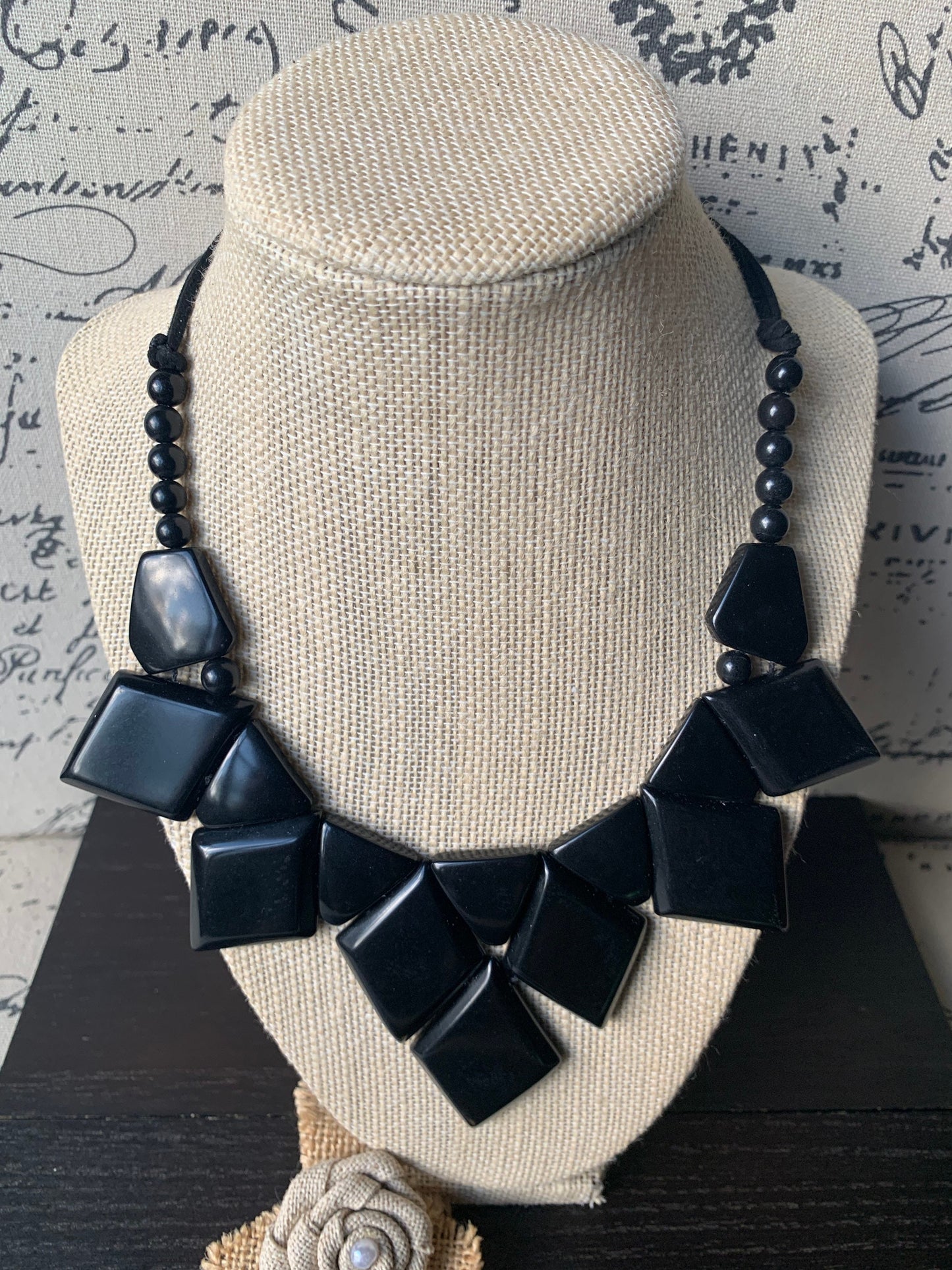 Black statement necklace Tagua jewelry Geometric necklace chunky Lightweight necklace Adjustable cord Beaded necklaces Wearable art