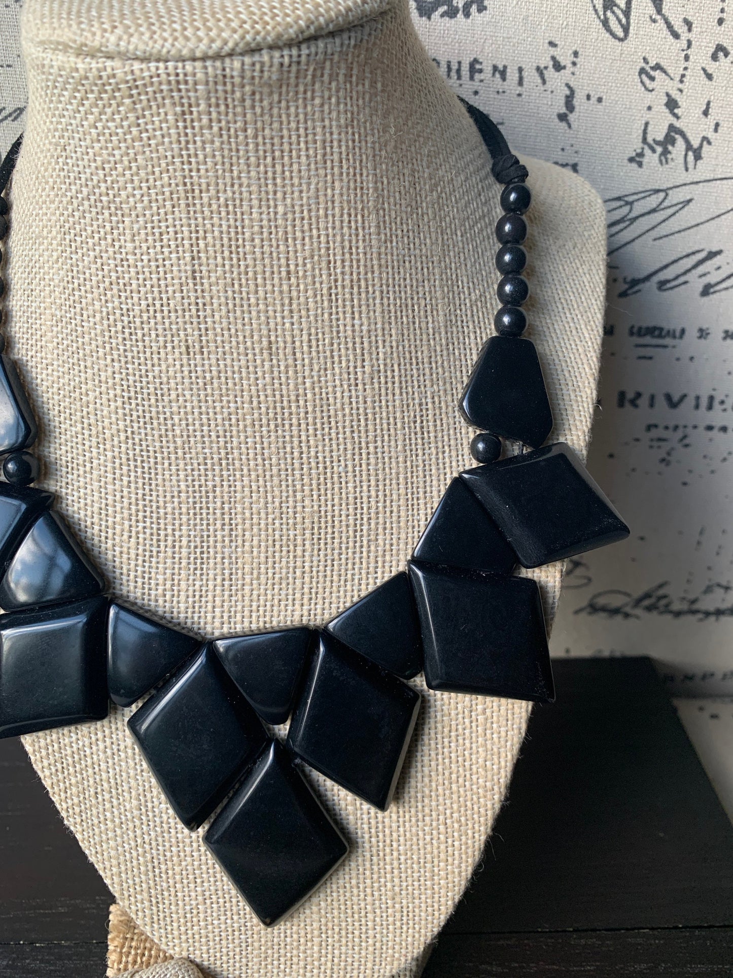 Black statement necklace Tagua jewelry Geometric necklace chunky Lightweight necklace Adjustable cord Beaded necklaces Wearable art