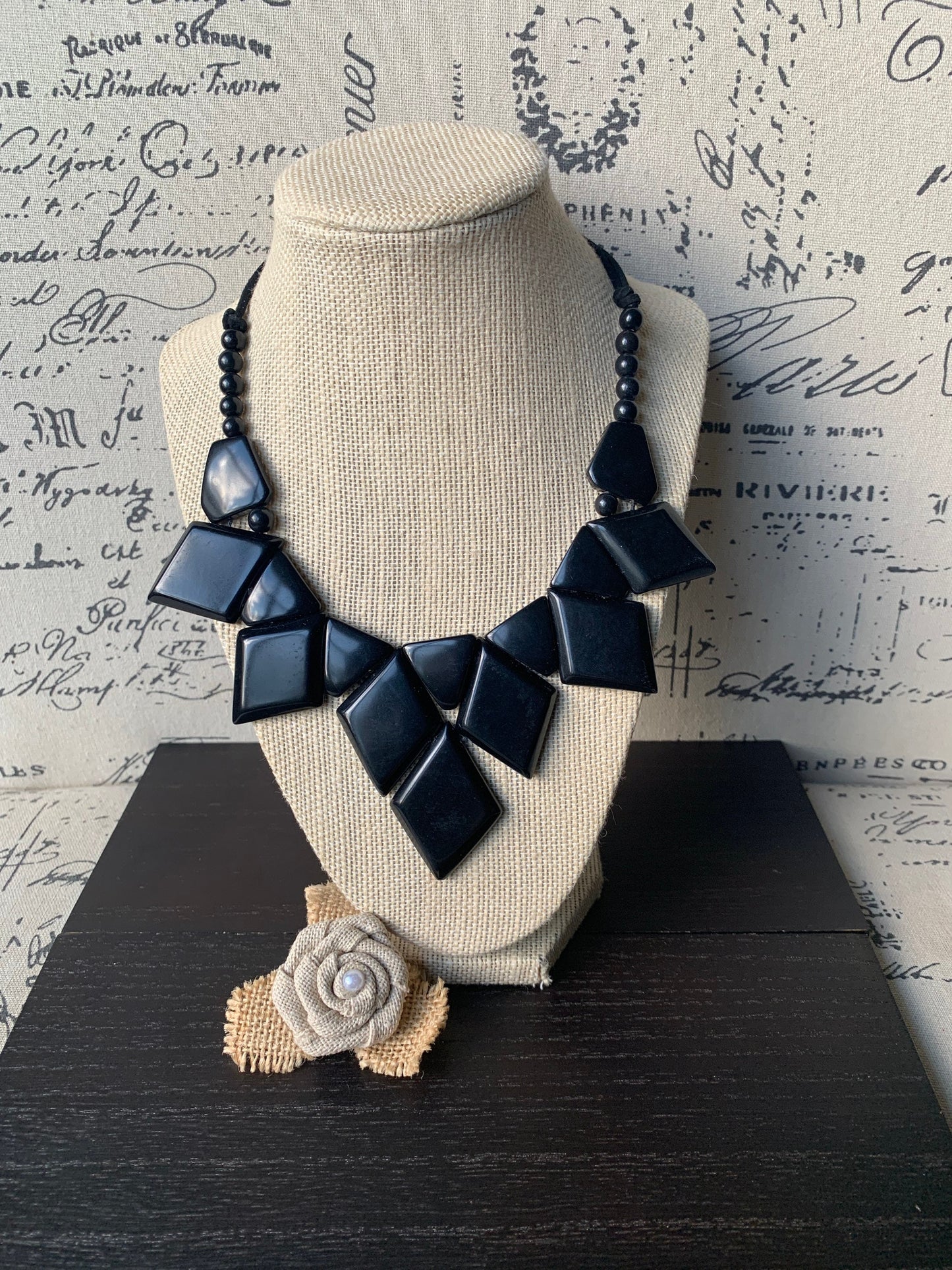 Black statement necklace Tagua jewelry Geometric necklace chunky Lightweight necklace Adjustable cord Beaded necklaces Wearable art