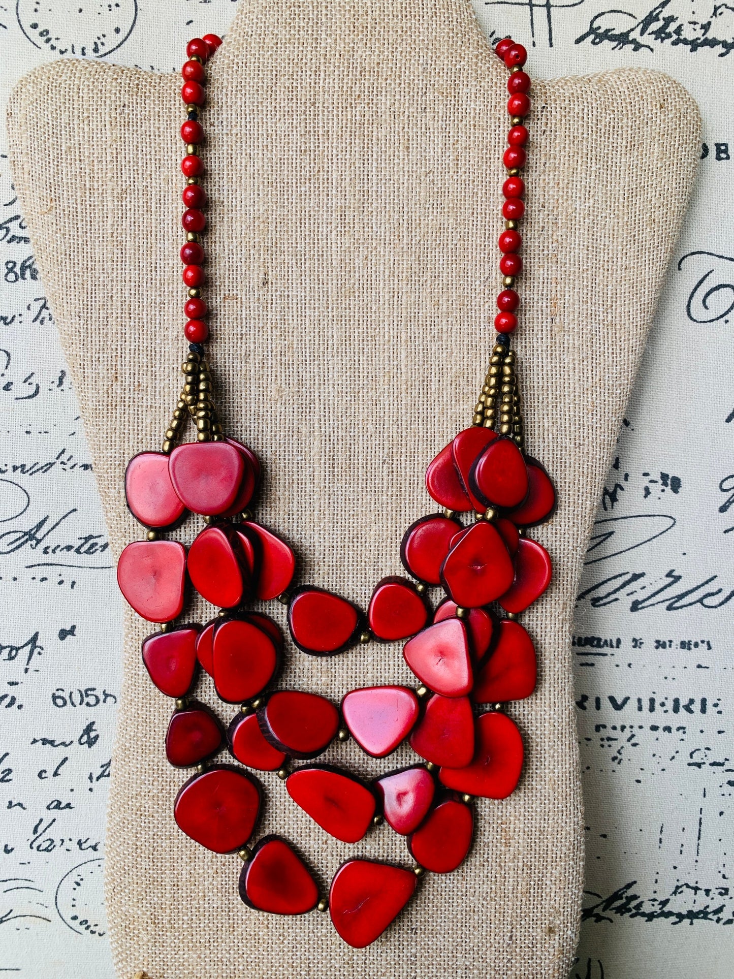 Red statement necklace Tagua jewelry Big bold necklaces Mothers Day gifts Fashion jewelry for women Wearable art jewelry Handmade beaded