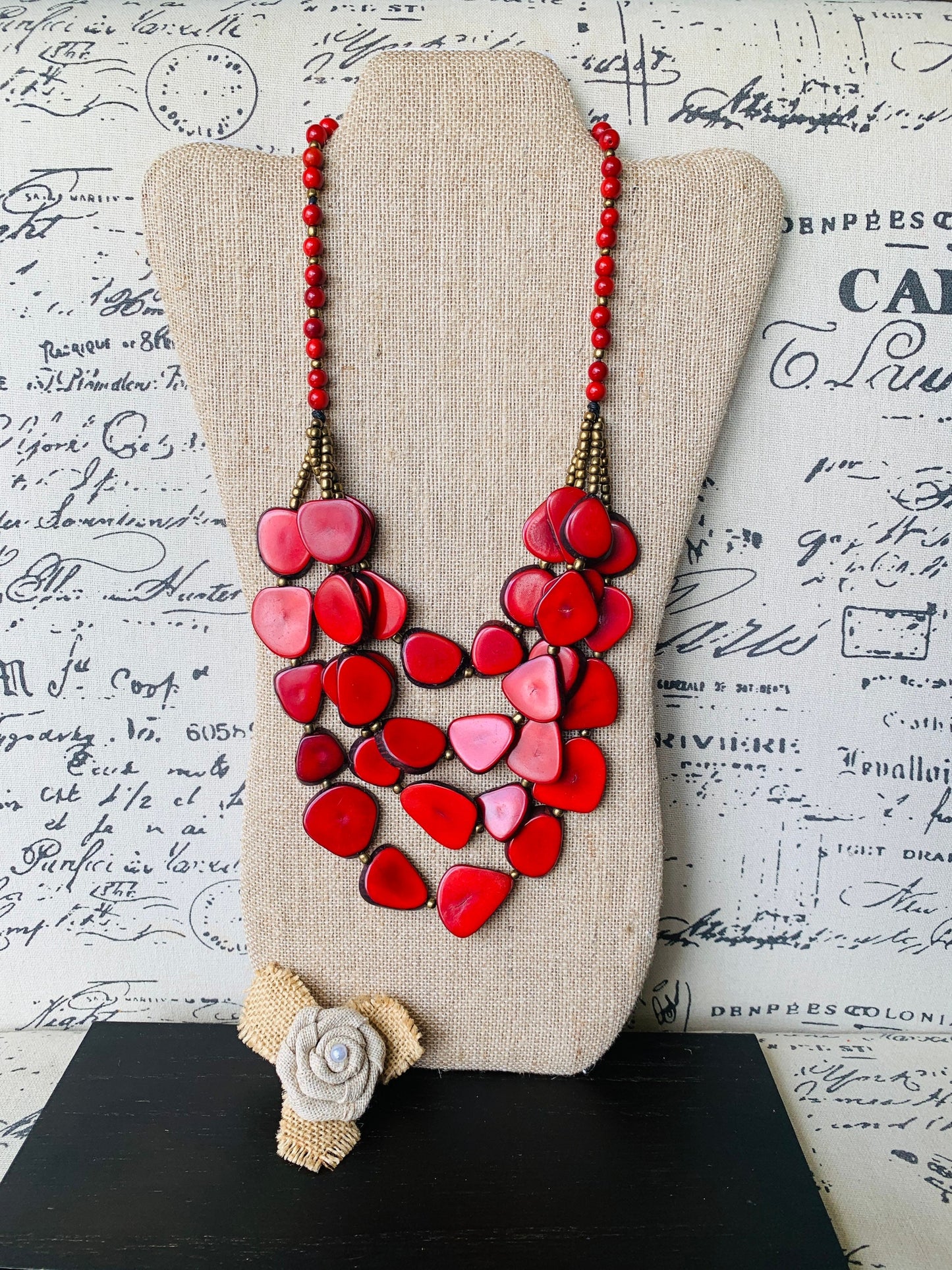 Red statement necklace Tagua jewelry Big bold necklaces Mothers Day gifts Fashion jewelry for women Wearable art jewelry Handmade beaded