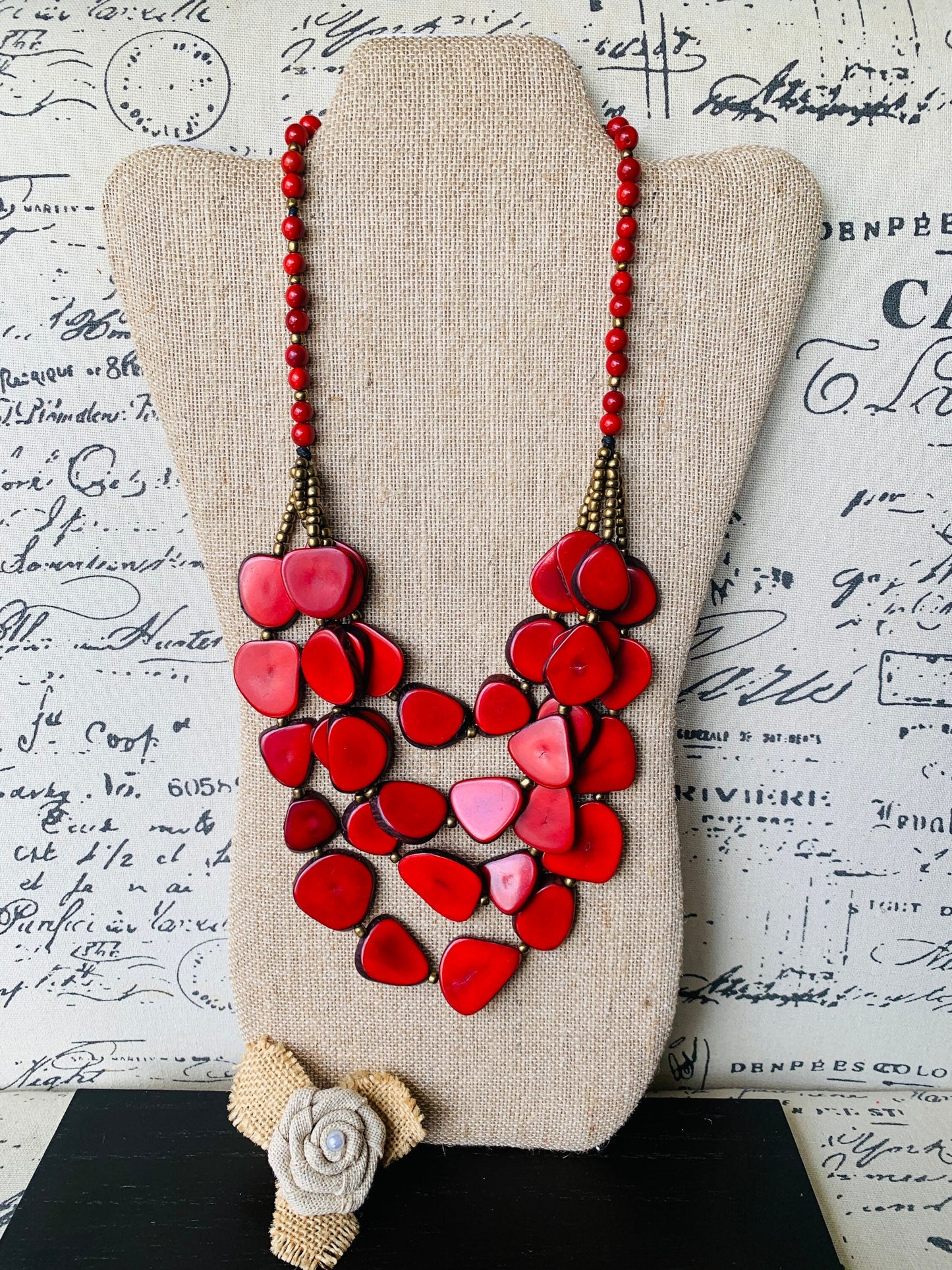 Red statement necklace Tagua jewelry Big bold necklaces Mothers Day gifts Fashion jewelry for women Wearable art jewelry Handmade beaded