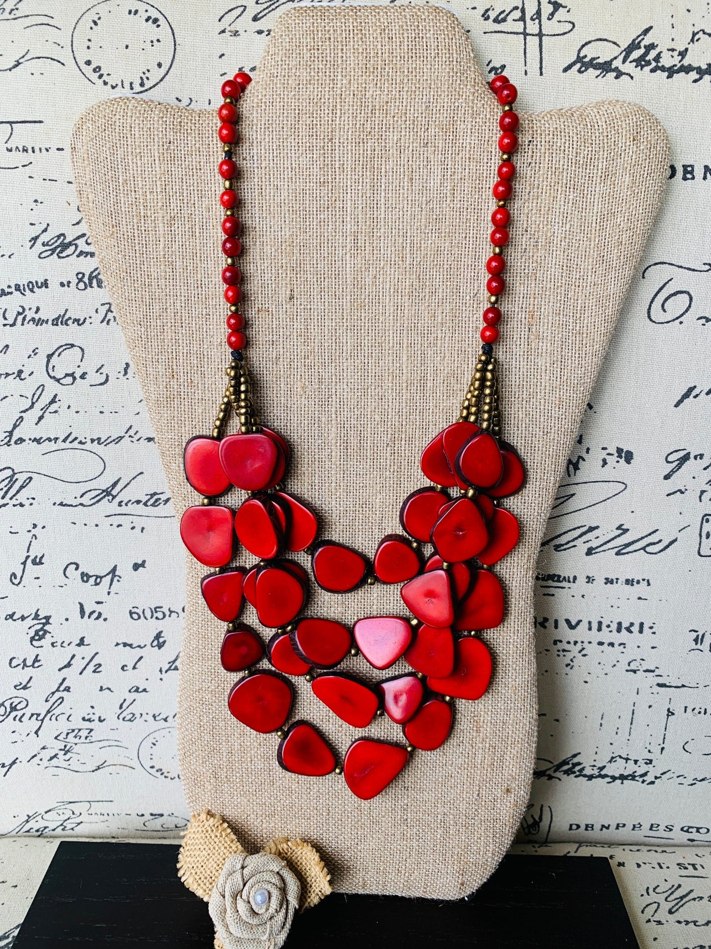 Red statement necklace Tagua jewelry Big bold necklaces Mothers Day gifts Fashion jewelry for women Wearable art jewelry Handmade beaded