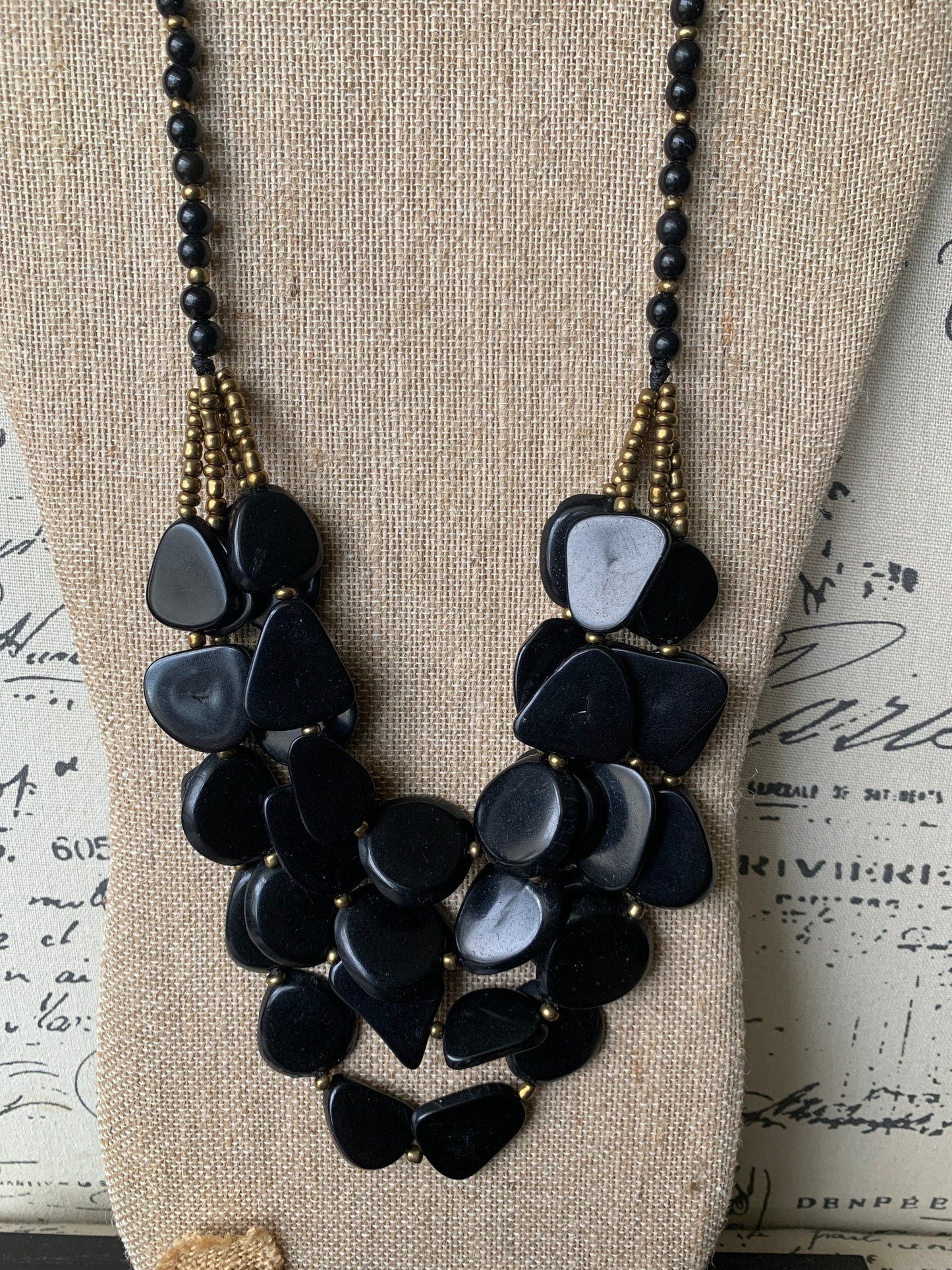 Black fashion 4 layer necklace Big bold chunky necklace Tagua statement necklace Multi layer beaded bib Fall fashion 2025 Wearable Art