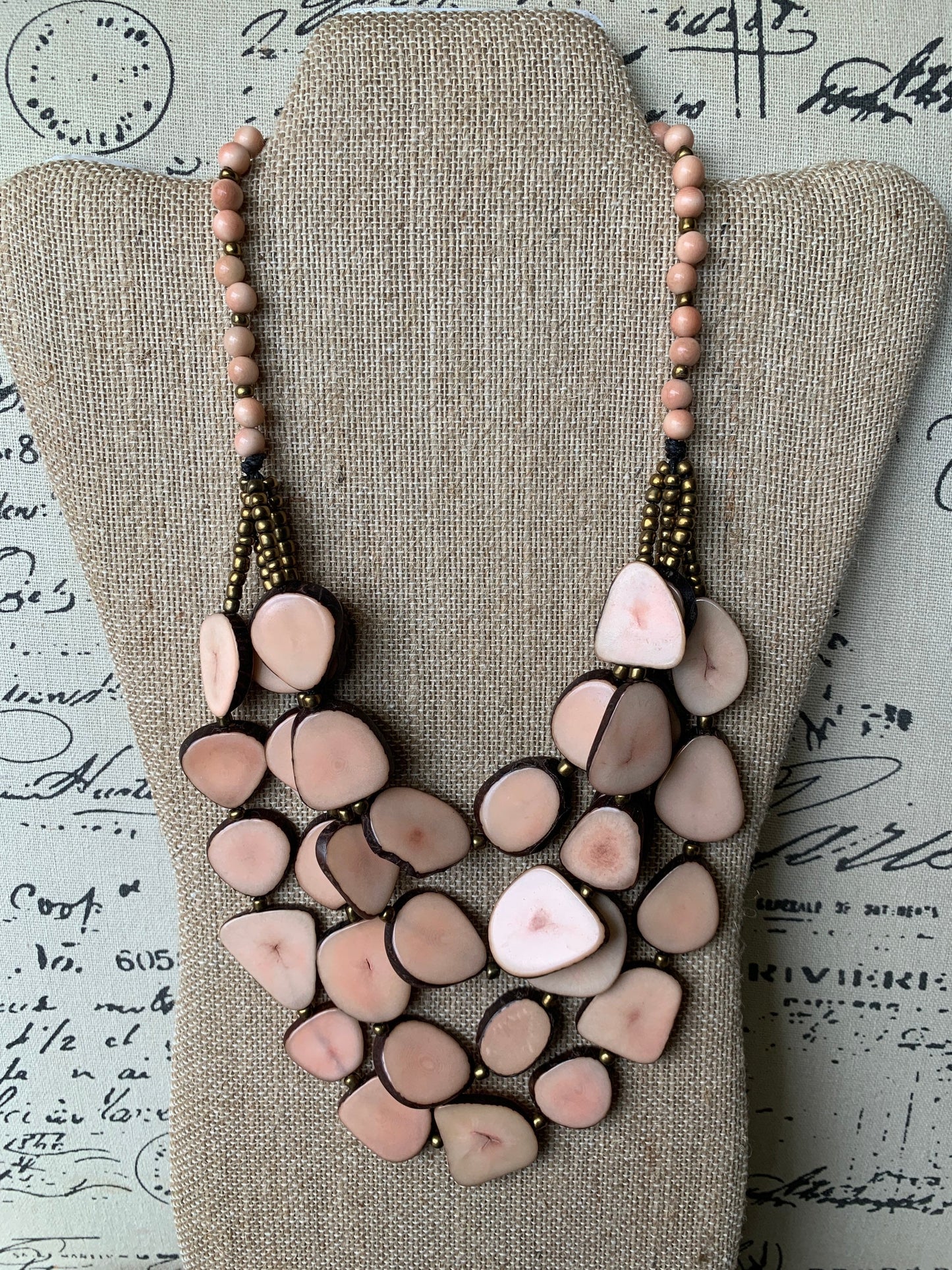 Pink statement necklace Tagua jewelry Fall fashion 2025 Unique jewelry for women Multi layer necklace Waterfall beaded necklace Art to wear