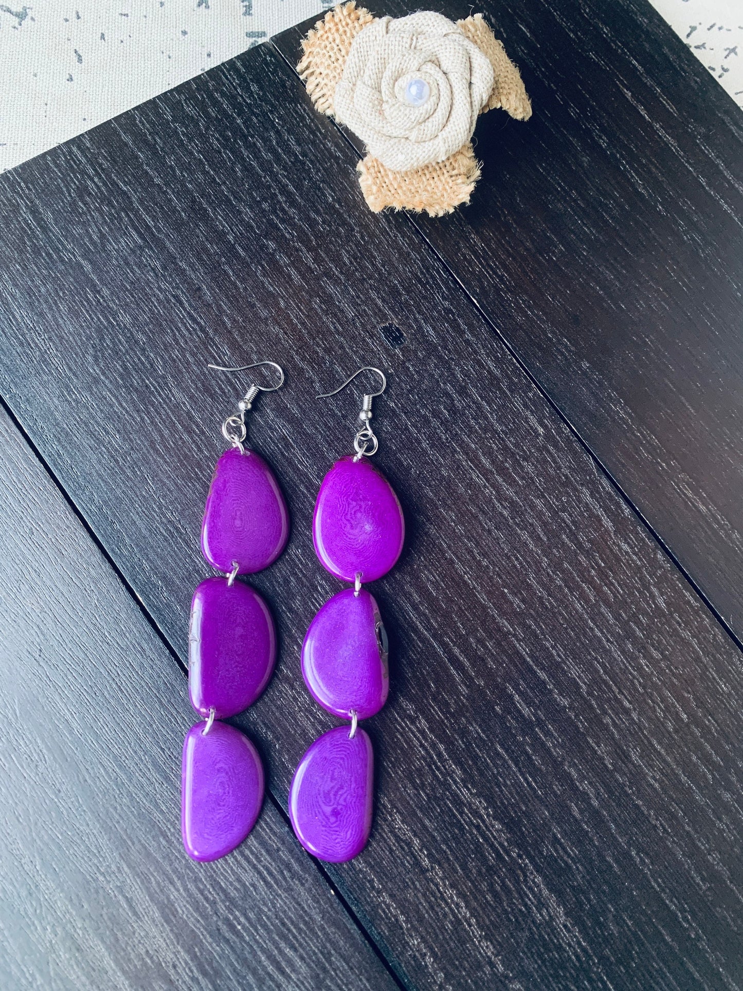 Purple statement earrings Tagua earrings Casual trendy drops Wearable art Cascade earrings Handmade beaded earrings Fall fashion