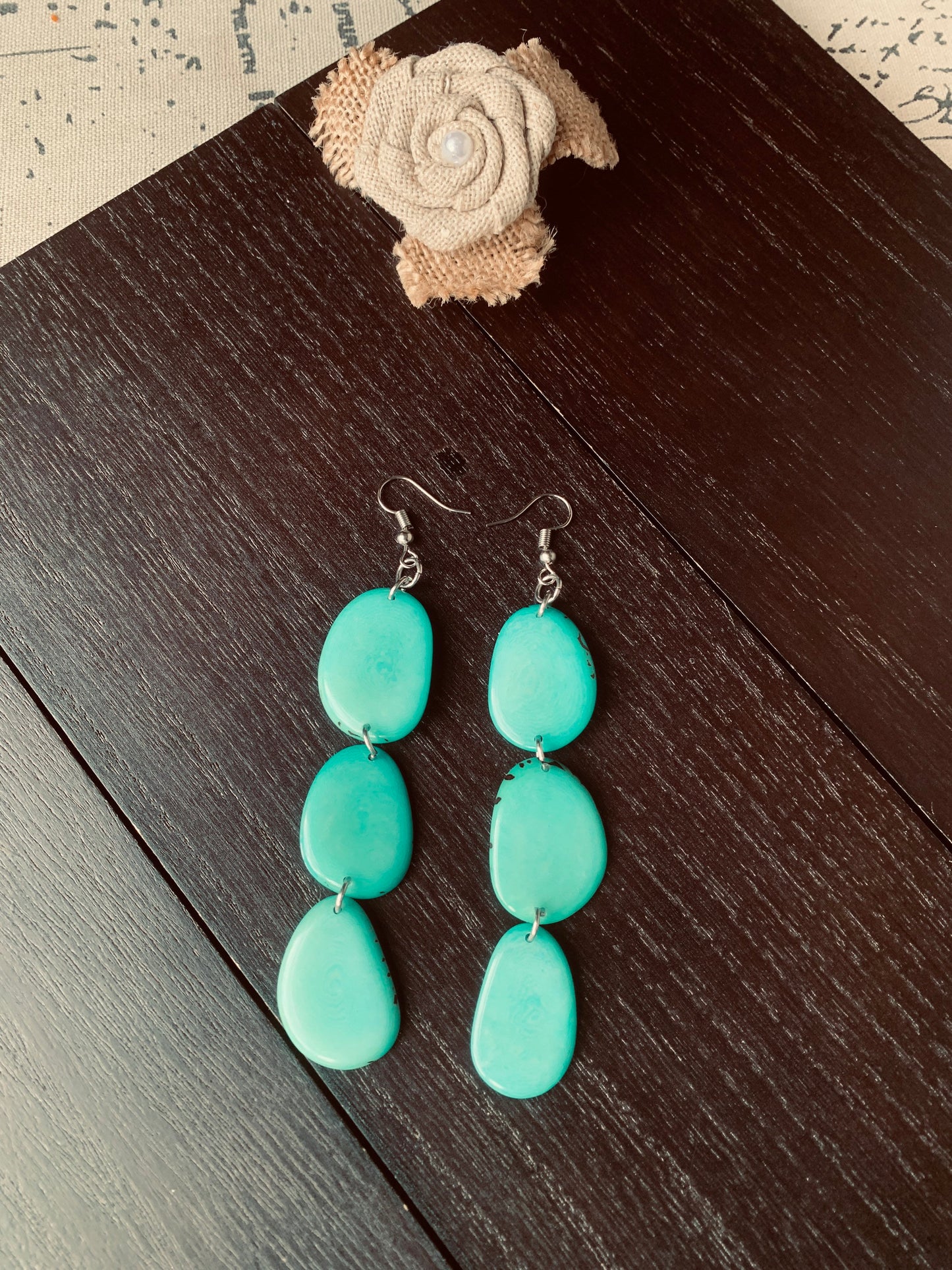 Turquoise green extra long statement earrings Tagua earrings Handmade beaded Mothers day gifts Spring fashion 2025 Waterfall earrings