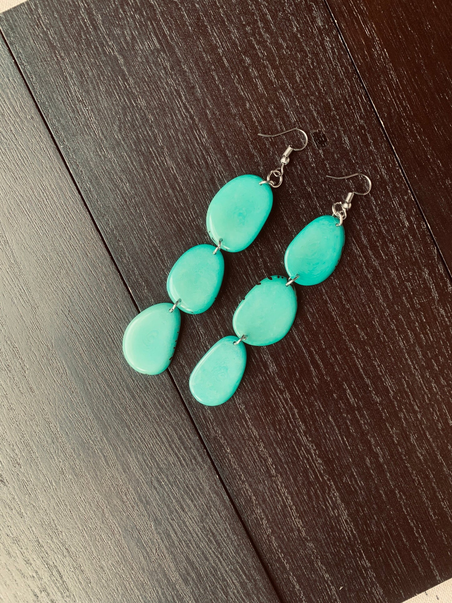 Turquoise green extra long statement earrings Tagua earrings Handmade beaded Fall fashion 2025s Fall fashion 2025 Waterfall earrings