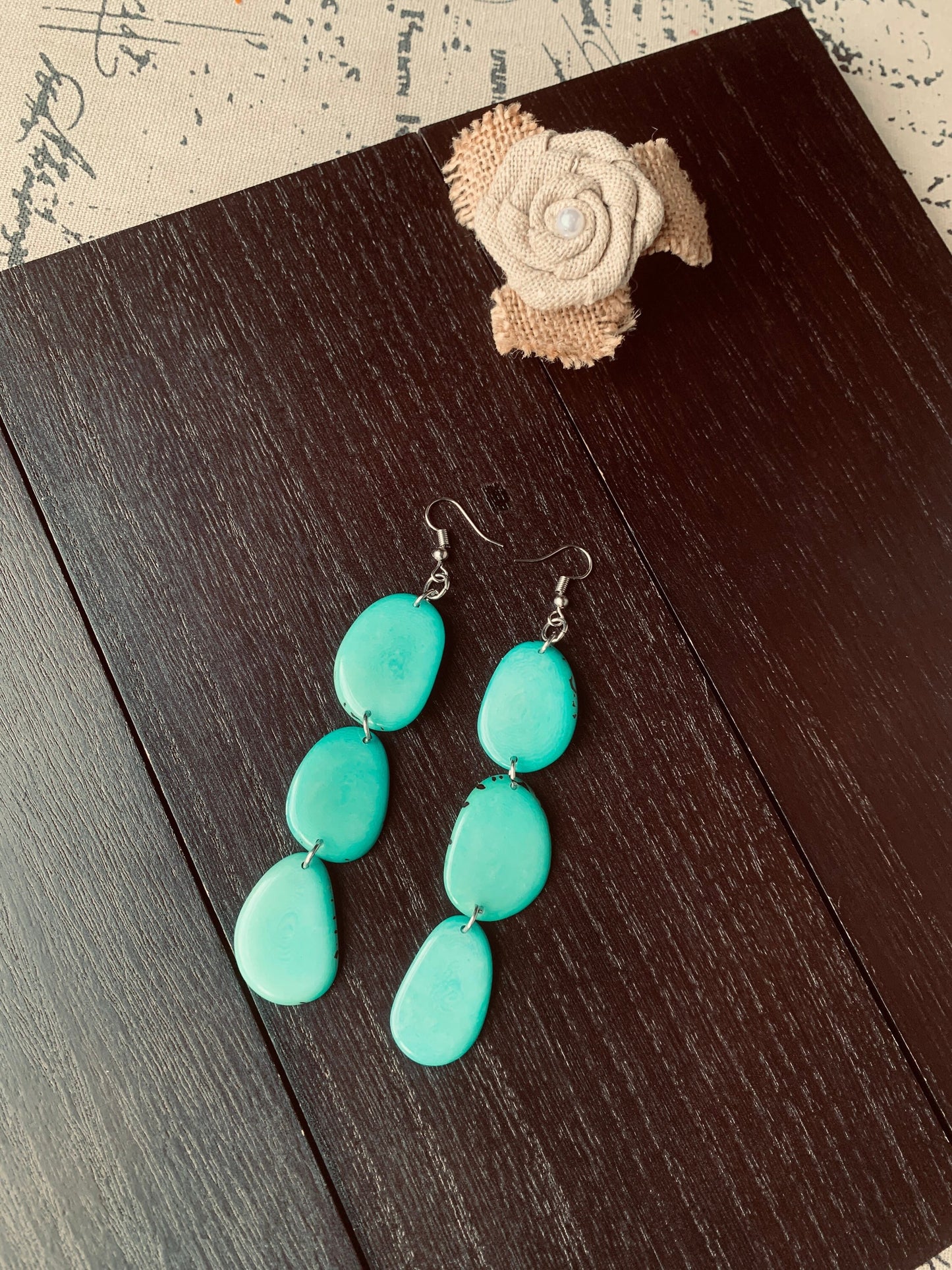 Turquoise green extra long statement earrings Tagua earrings Handmade beaded Mothers day gifts Spring fashion 2025 Waterfall earrings