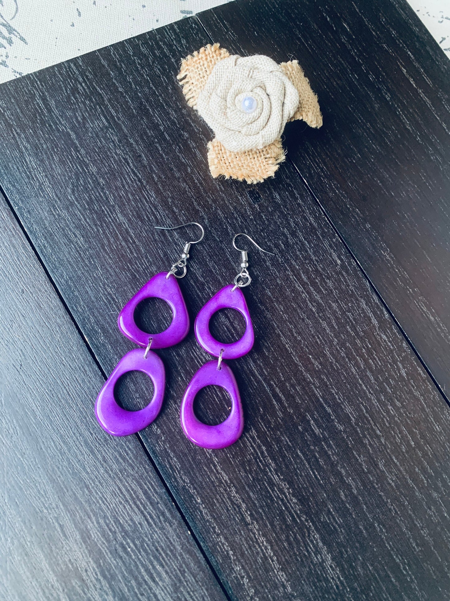 Purple dangle earrings Tagua jewelry Statement drops Boho mod hoops Wearable art Handmade beaded earrings Cute earrings Mothers day gift