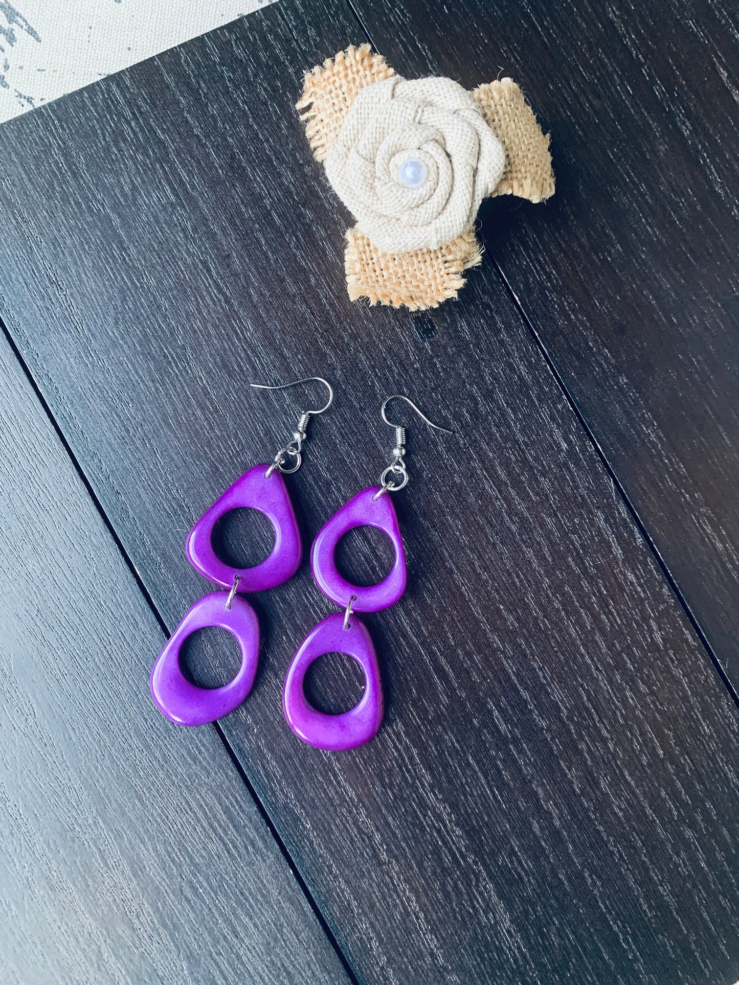 Purple dangle earrings Tagua jewelry Statement drops Boho mod hoops Wearable art Handmade beaded earrings Cute earrings Mothers day gift