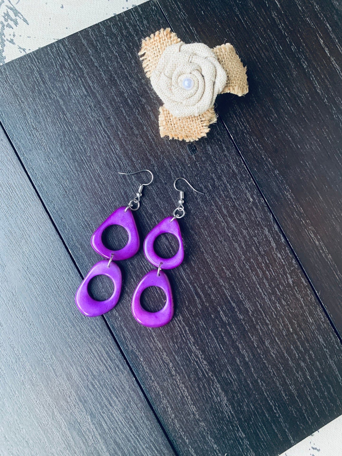 Purple dangle earrings Tagua jewelry Statement drops Boho mod hoops Wearable art Handmade beaded earrings Cute earrings Mothers day gift