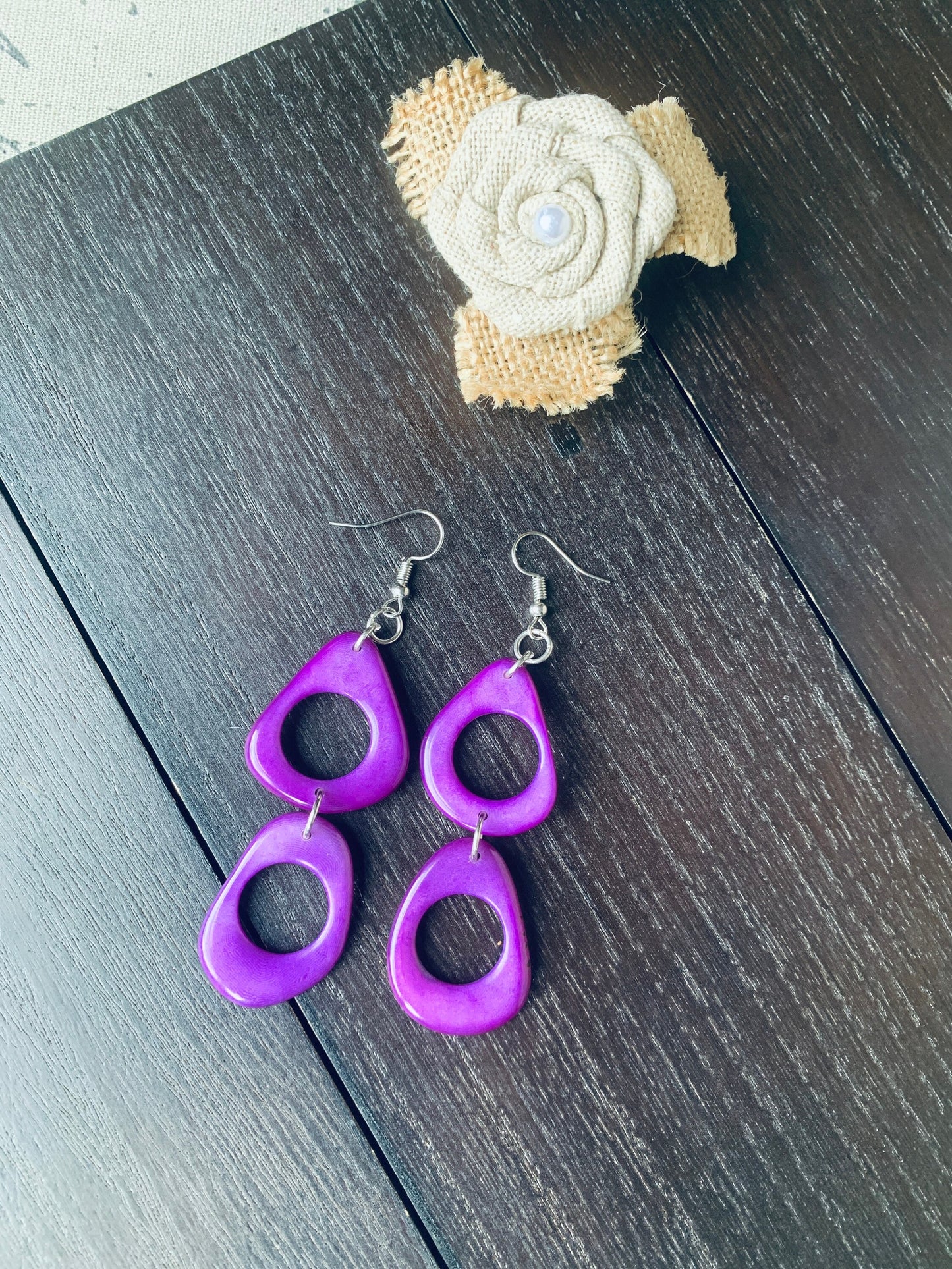 Purple dangle earrings Tagua jewelry Statement drops Boho mod hoops Wearable art Handmade beaded earrings Cute earrings Mothers day gift