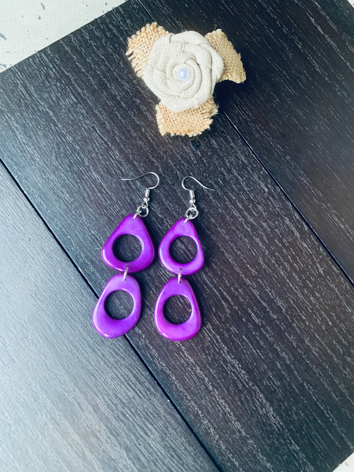 Purple dangle earrings Tagua jewelry Statement drops Boho mod hoops Wearable art Handmade beaded earrings Cute earrings Mothers day gift