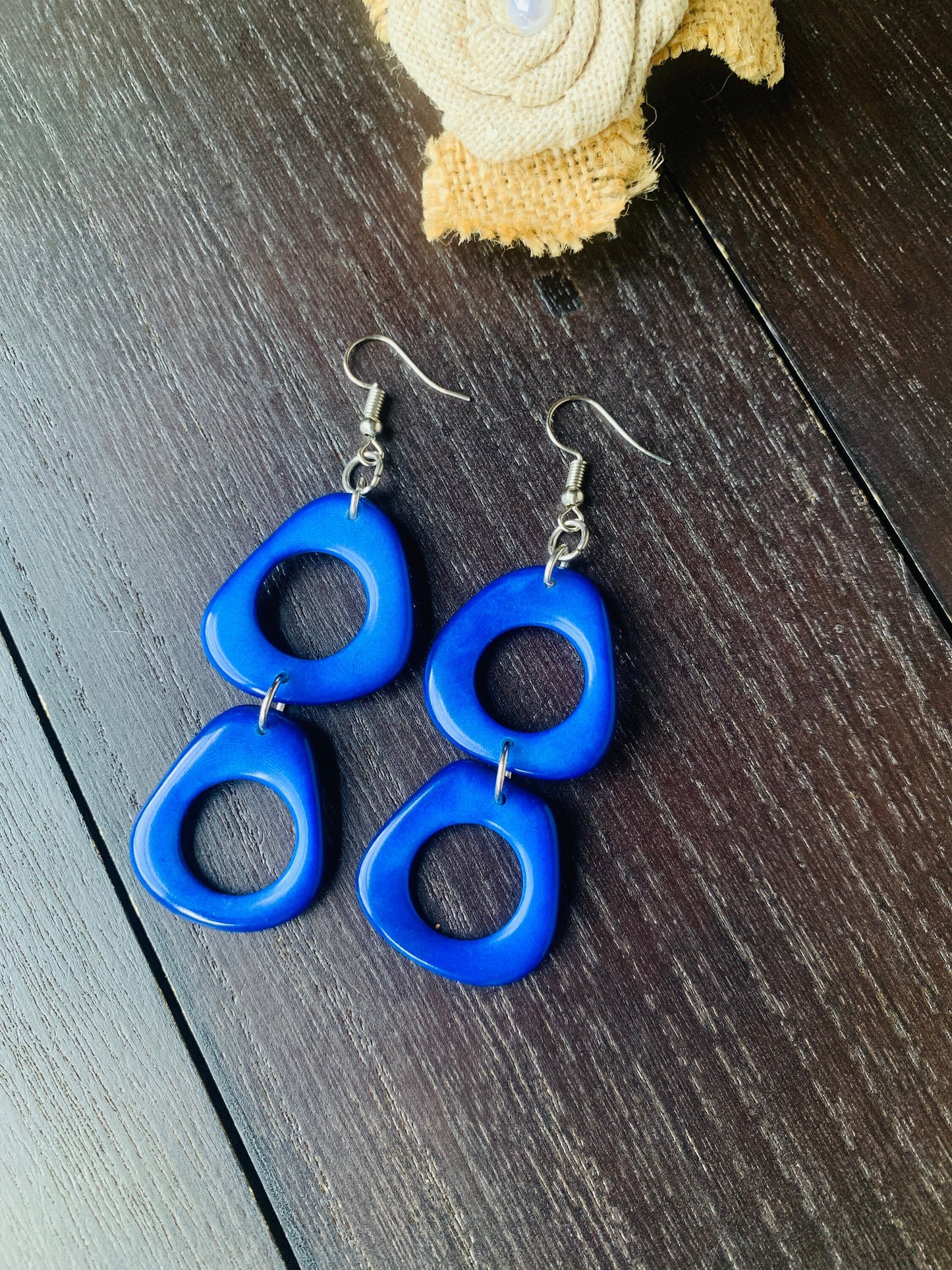 Royal blue long dangle fashion earrings Fall fashion 2025s Tagua jewelry Hypoallergenic dangles Fall fashion Wearable art Easter basket