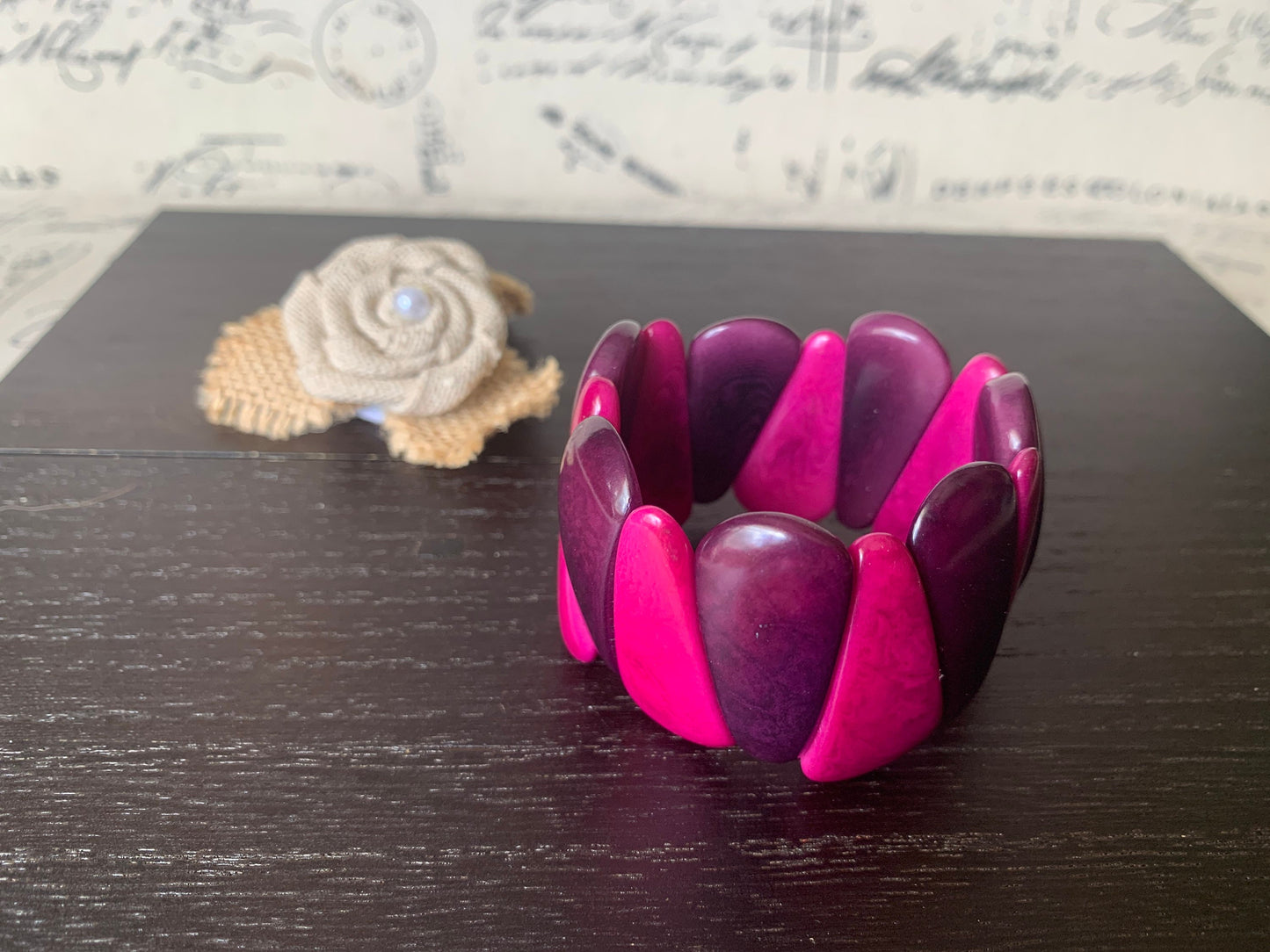 Purple and magenta tagua bracelet Statement teardrop bracelet Art to wear Beaded stretch bangle Elastic cuff bracelet Fall fashion style