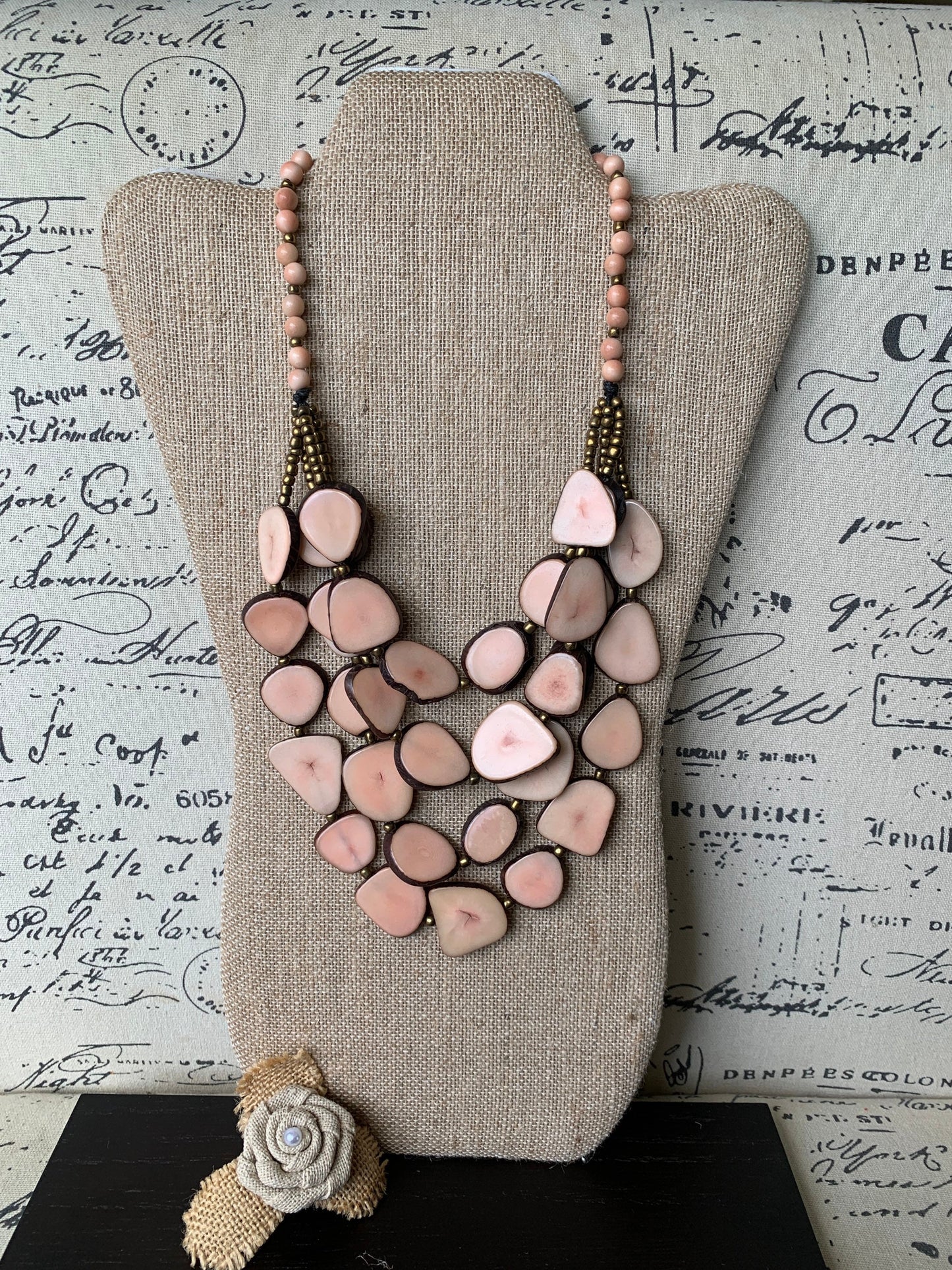 Pink statement necklace Tagua jewelry Mothers day gifts Unique jewelry for women Multi layer necklace Waterfall beaded necklace Art to wear