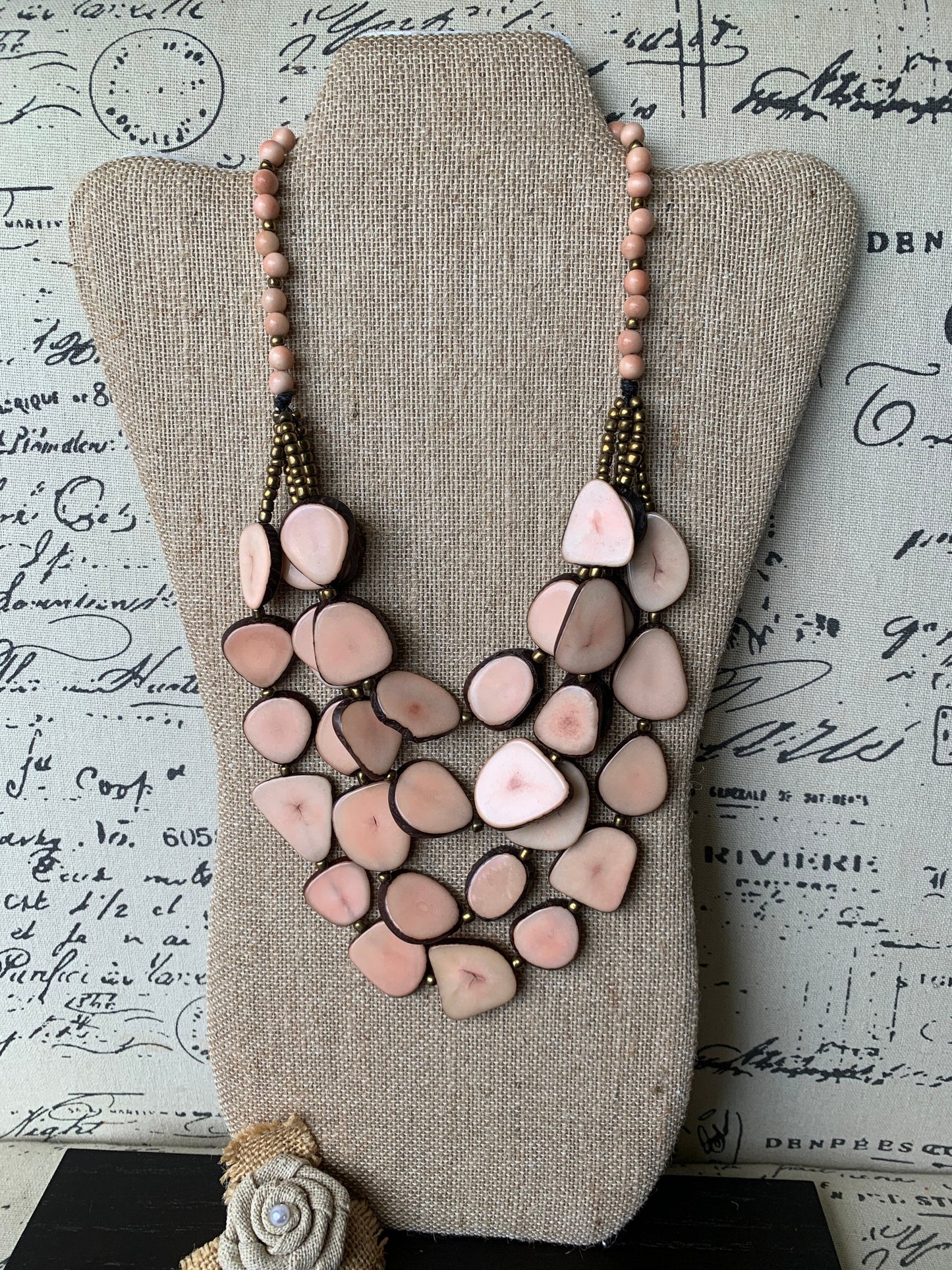 Pink statement necklace Tagua jewelry Mothers day gifts Unique jewelry for women Multi layer necklace Waterfall beaded necklace Art to wear