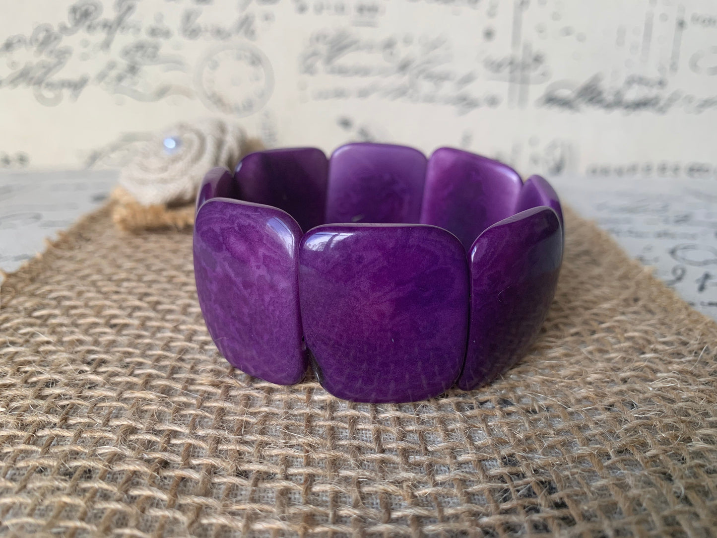 Purple beaded bracelet Tagua jewelry Geometric bracelet Artsy gifts Square bead bracelet Fall fashion Elastic stretch bangle Art to wear