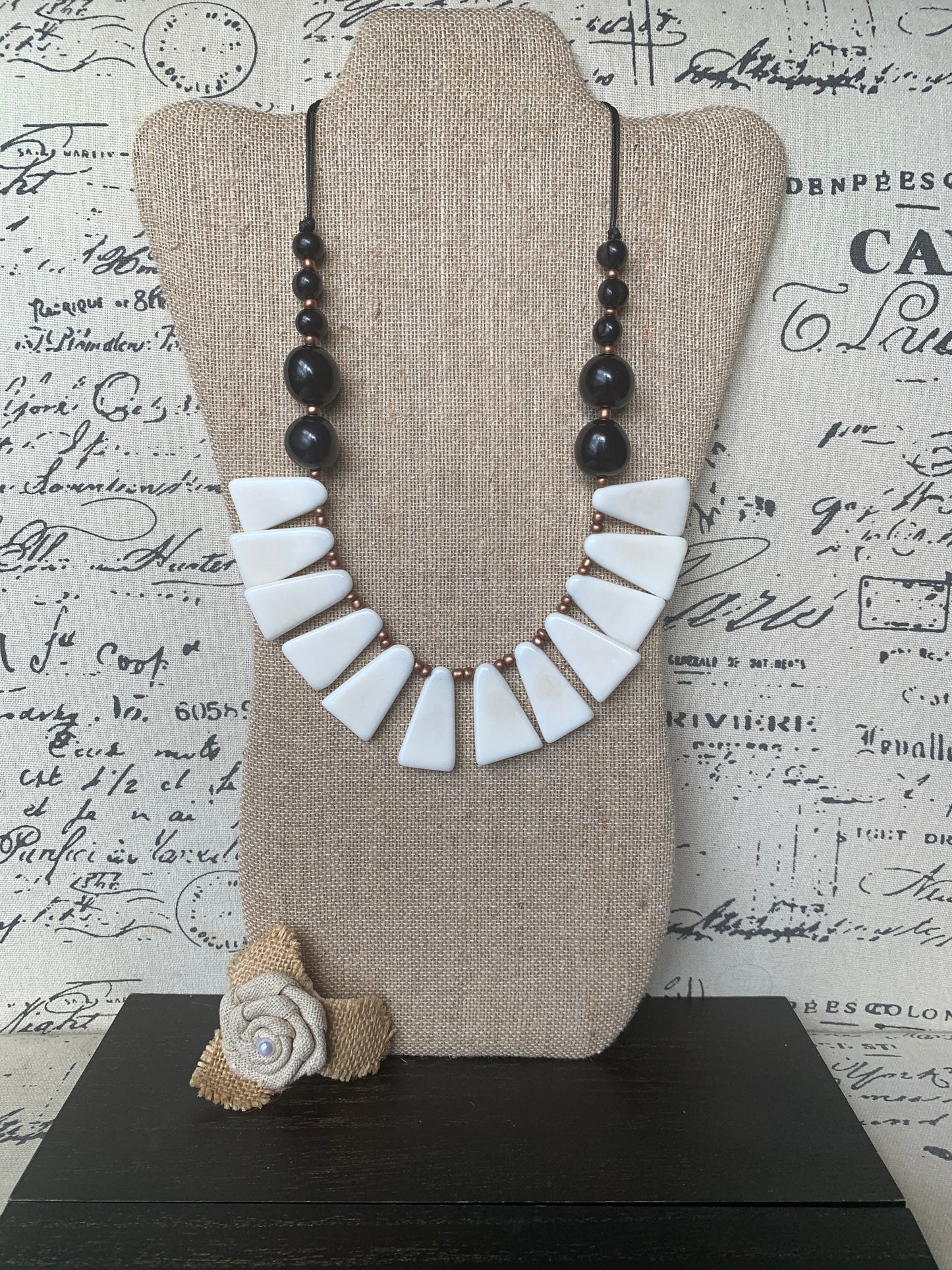 Black and white necklace Tagua jewelry 14 year wedding anniversary gift for wife Adjustable cord Wearable art Fall fashion Wearable art