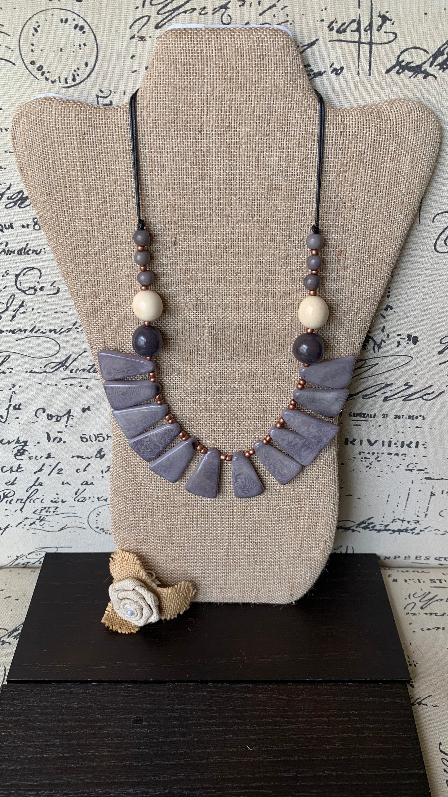 Gray statement necklace Art to wear necklace Spring fashion Artsy gifts Beaded necklaces handmade Adjustable cord Mothers day gifts