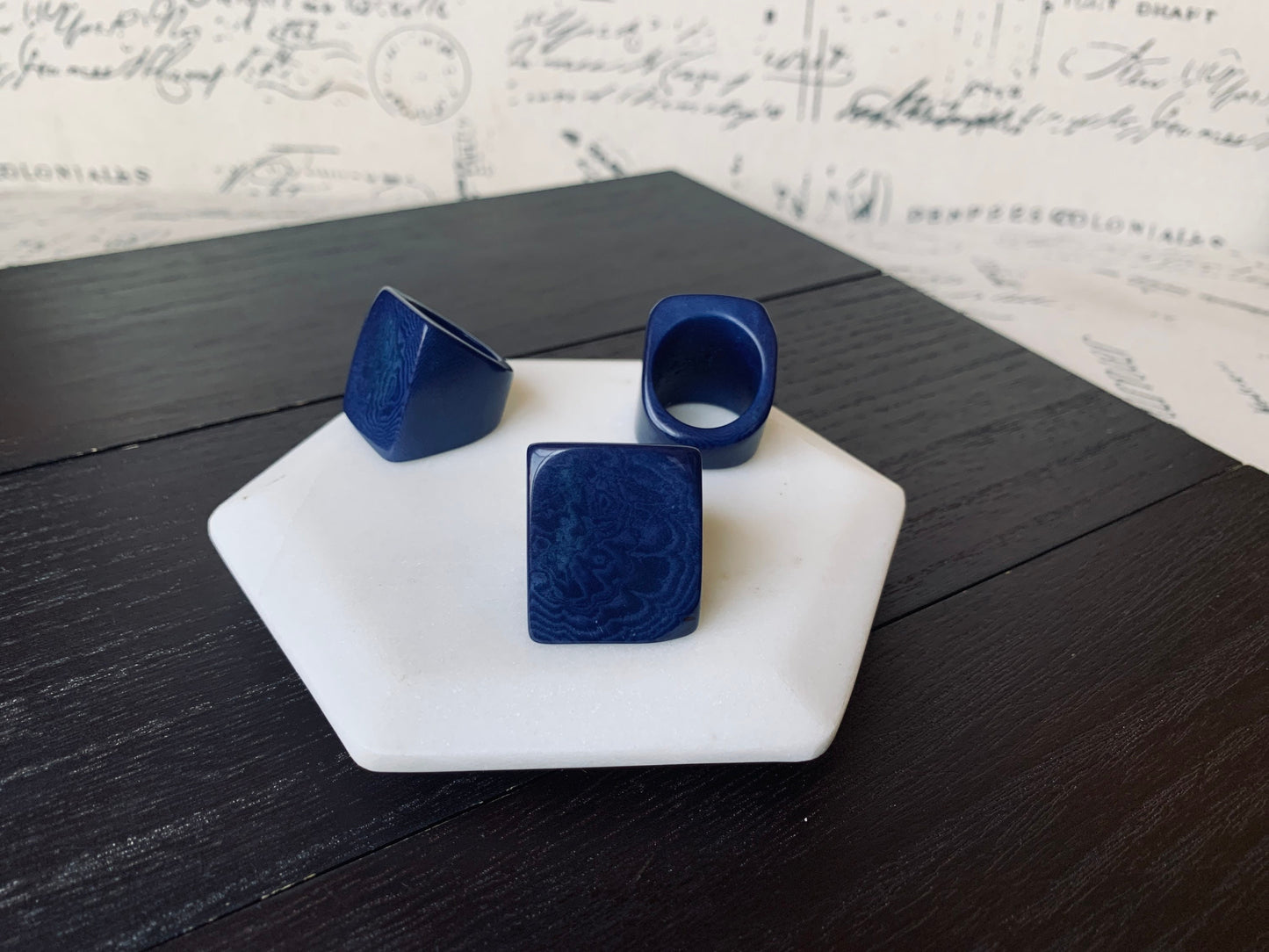 Tagua ring Navy blue rings Unusual cocktail rings Big bold ring Statement large rings Wearable art Hand carved rings Chunky rings Unisex