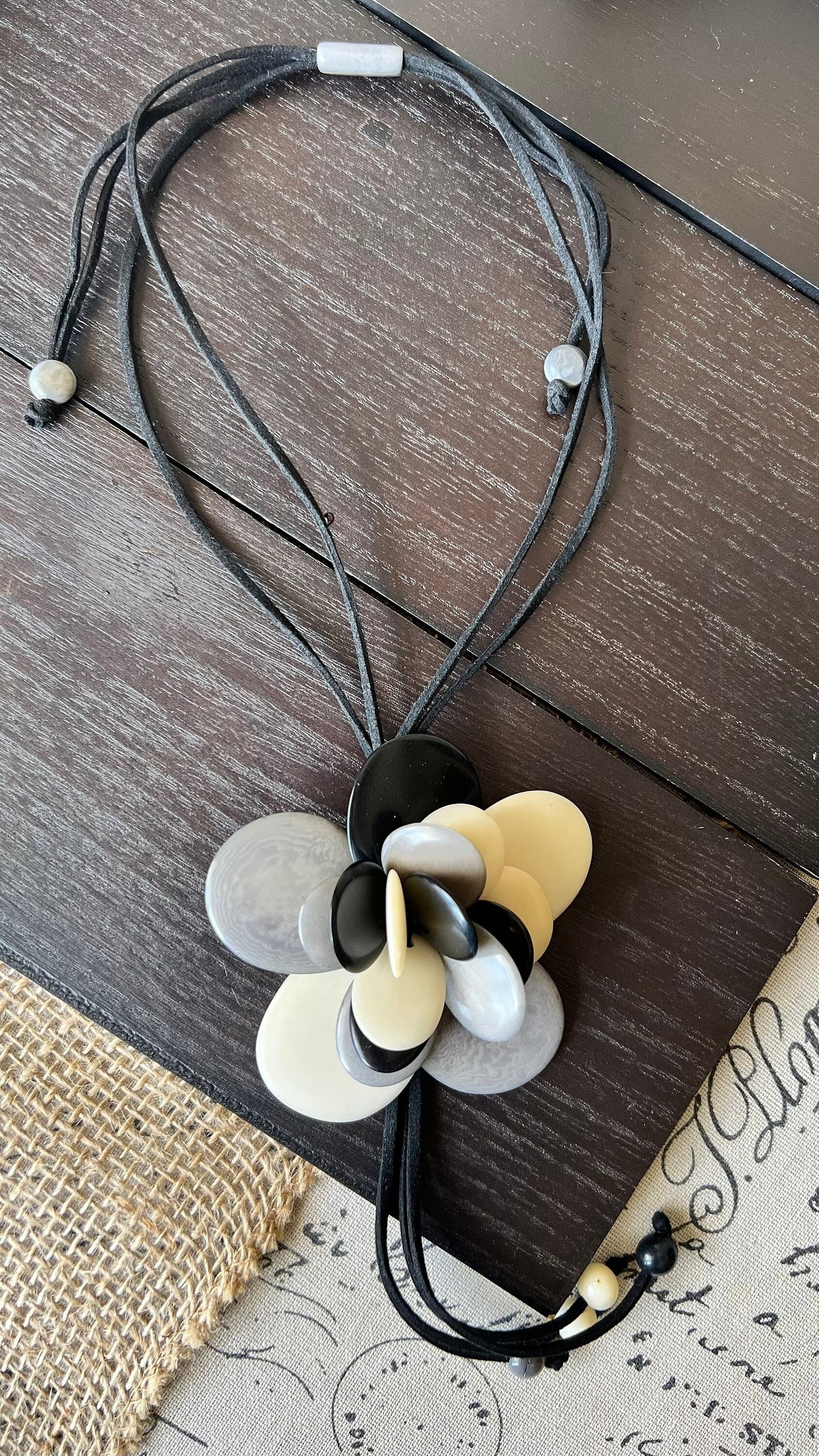 Flower pendant necklace Tagua jewelry Black white and gray flower pendant Floral statement necklace Adjustable cord Wearable art Lightweight