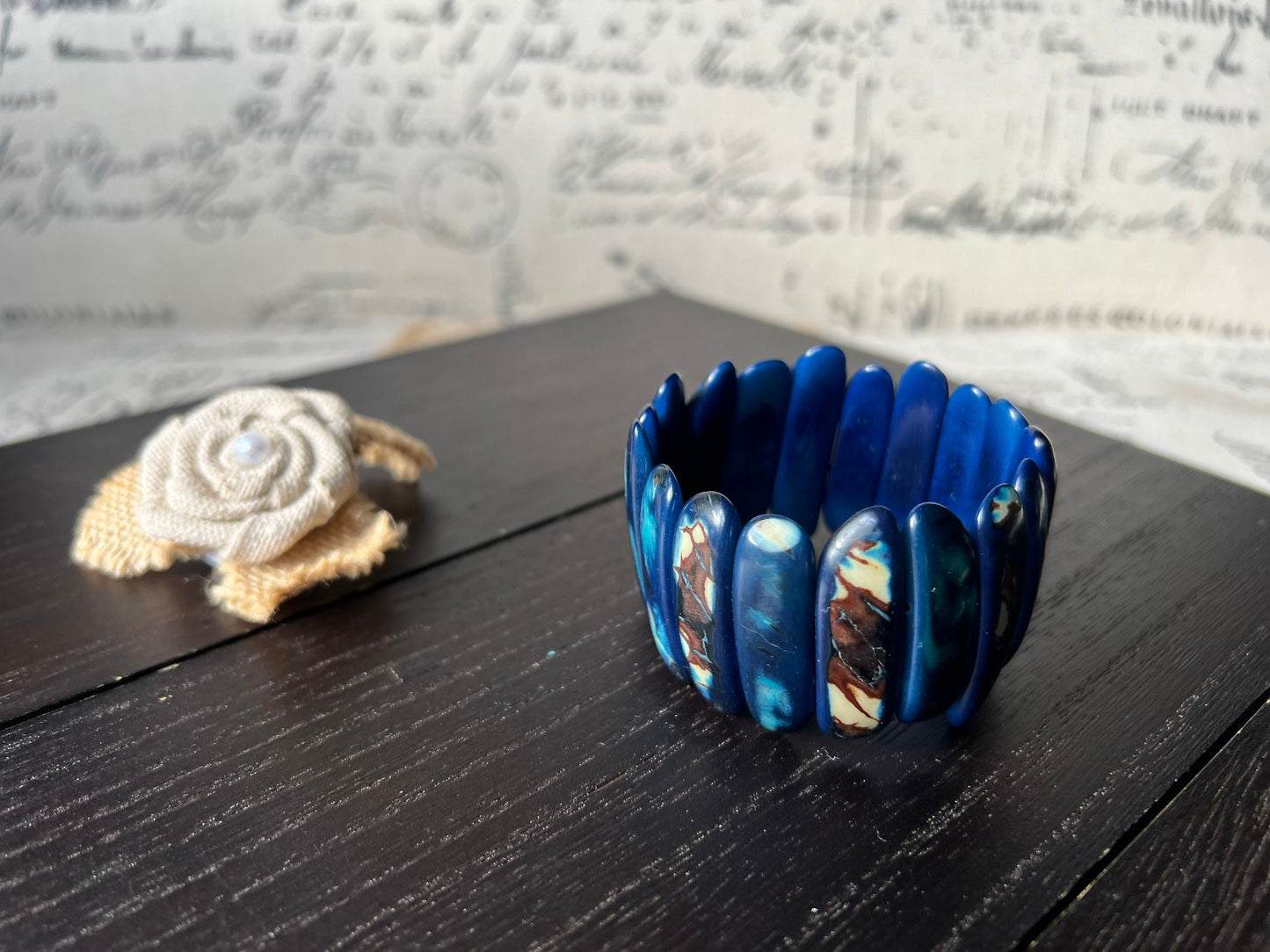 Blue statement beaded bracelet Spiked beads bangle Tagua jewelry Stretchy bracelet Fall fashion Trendy handmade jewelry Wearable art