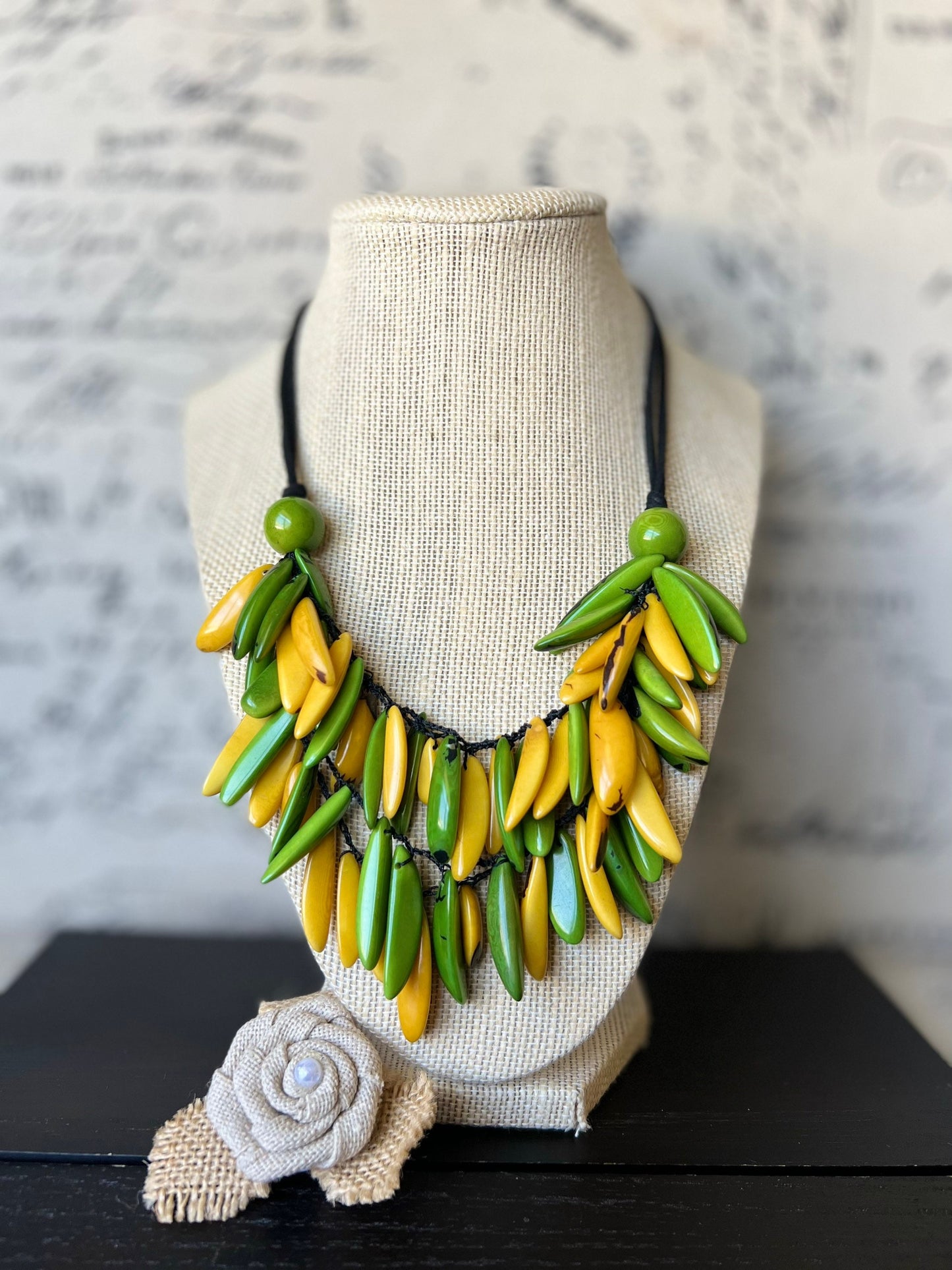 Green and yellow necklace Tagua necklace Big bold chunky necklace Adjustable cord Wearable art Handmade beaded necklace Fall fashion 2025s
