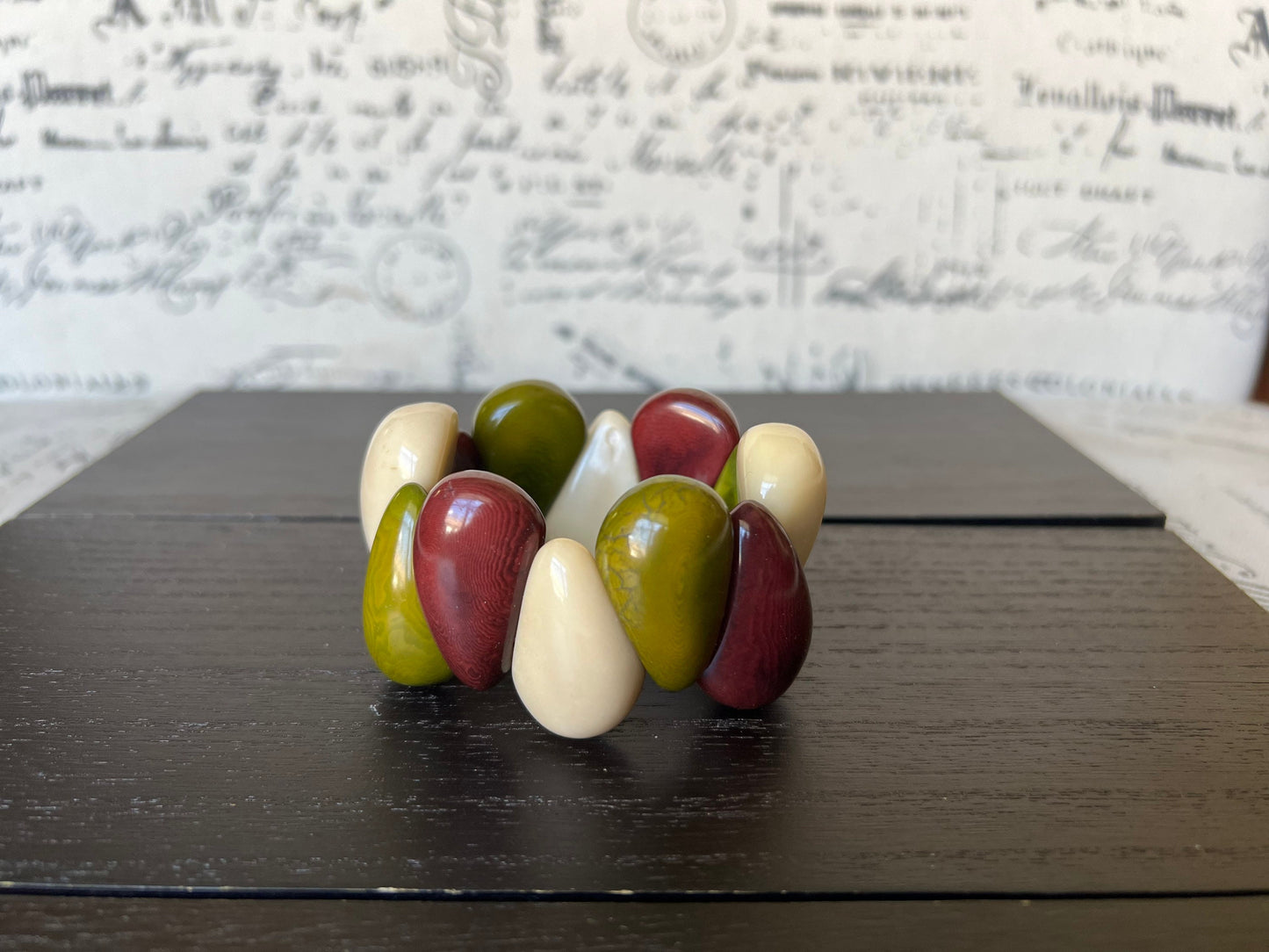 Maroon green and beige statement bracelet Stretch bead bracelet Tagua bracelet Mothers day gifts Chunky bracelet Elastic stretch bracelet