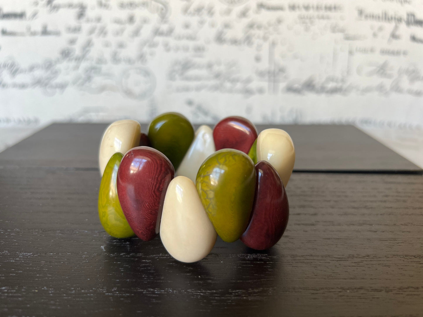 Maroon green and beige statement bracelet Stretch bead bracelet Tagua bracelet Mothers day gifts Chunky bracelet Elastic stretch bracelet
