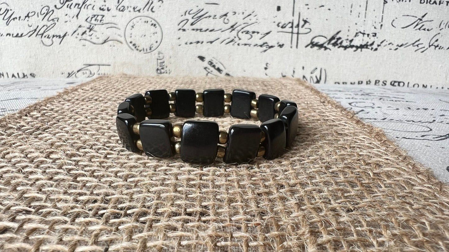 Black square bracelet Statement bangle Tagua jewelry Elastic adjustable bracelet Fall fashion trends Fall fashion 2025s Art to wear