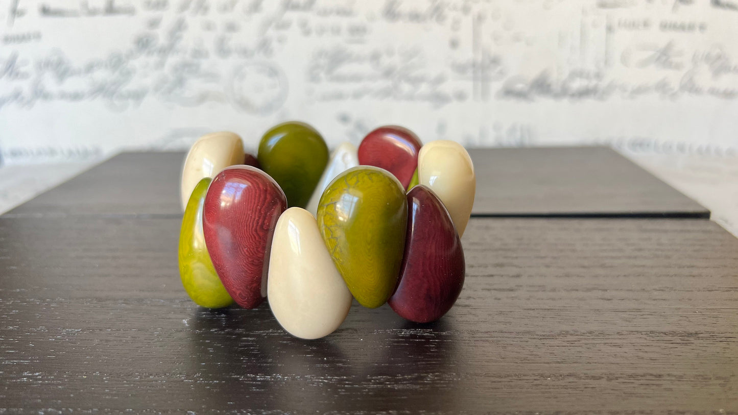 Maroon green and beige statement bracelet Stretch bead bracelet Tagua bracelet Mothers day gifts Chunky bracelet Elastic stretch bracelet