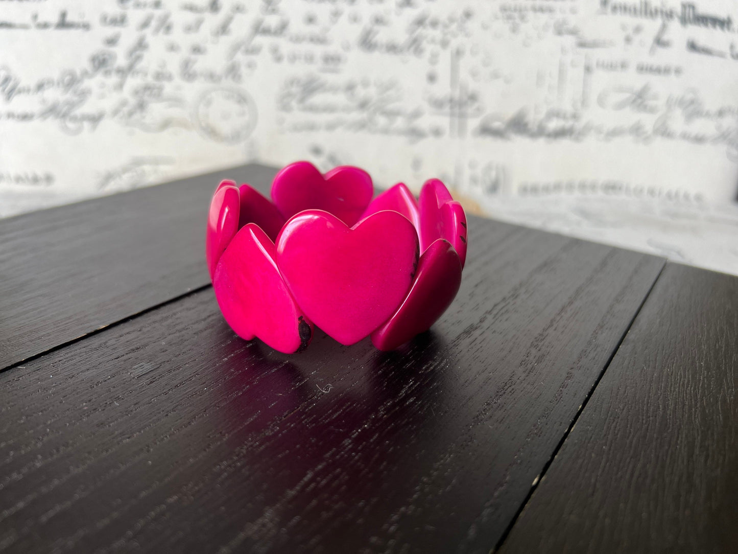Hot pink heart bracelet Mother's Day gifts Tagua jewelry Love jewelry Weatable art Easter basket gifts Art to wear Stretch beaded bracelet
