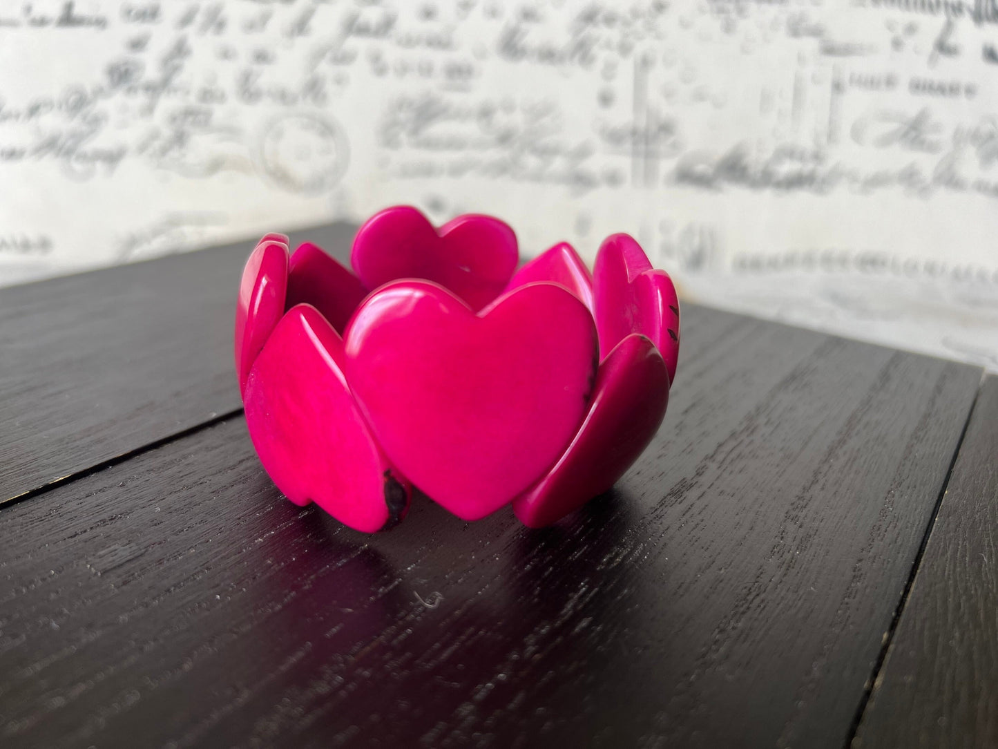 Hot pink heart bracelet Mother's Day gifts Tagua jewelry Love jewelry Weatable art Easter basket gifts Art to wear Stretch beaded bracelet