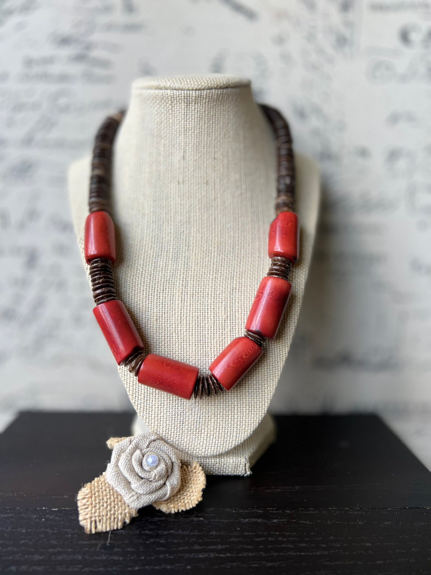 Red Tagua Nut Necklace with Coconut Beads: Handmade Statement Jewelry for Women
