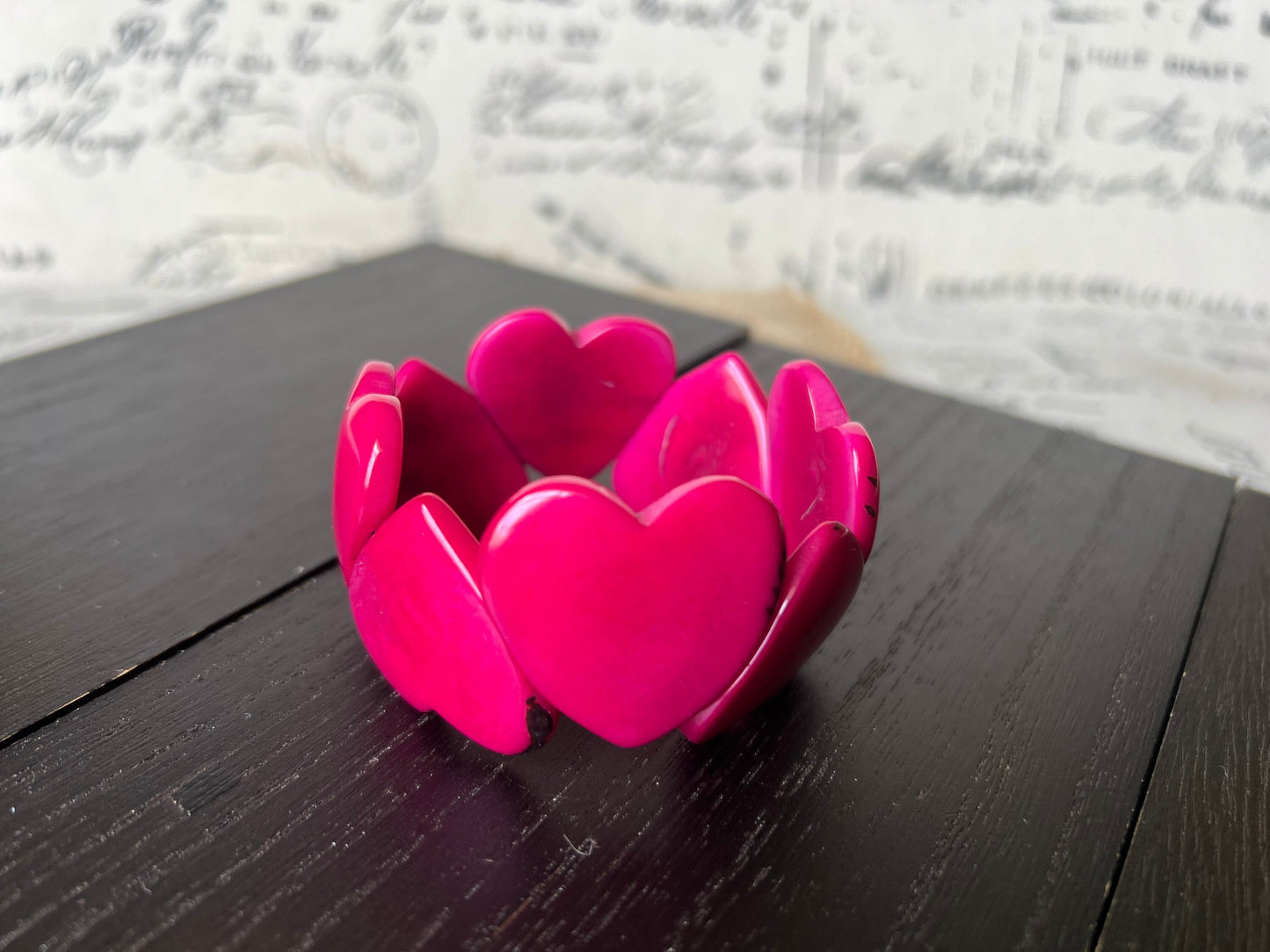 Hot pink heart bracelet Mother's Day gifts Tagua jewelry Love jewelry Weatable art Easter basket gifts Art to wear Stretch beaded bracelet