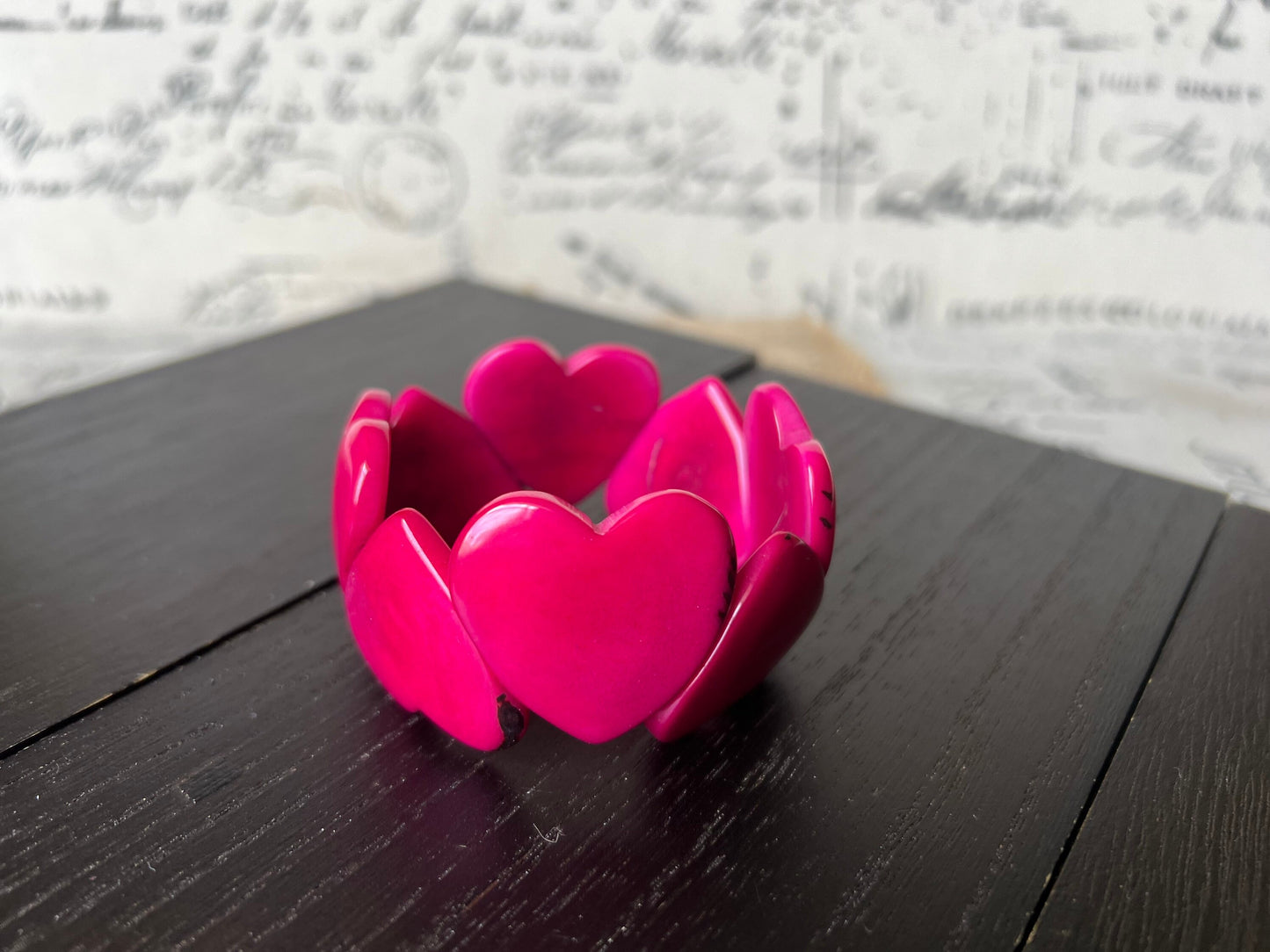 Hot pink heart bracelet Mother's Day gifts Tagua jewelry Love jewelry Weatable art Easter basket gifts Art to wear Stretch beaded bracelet